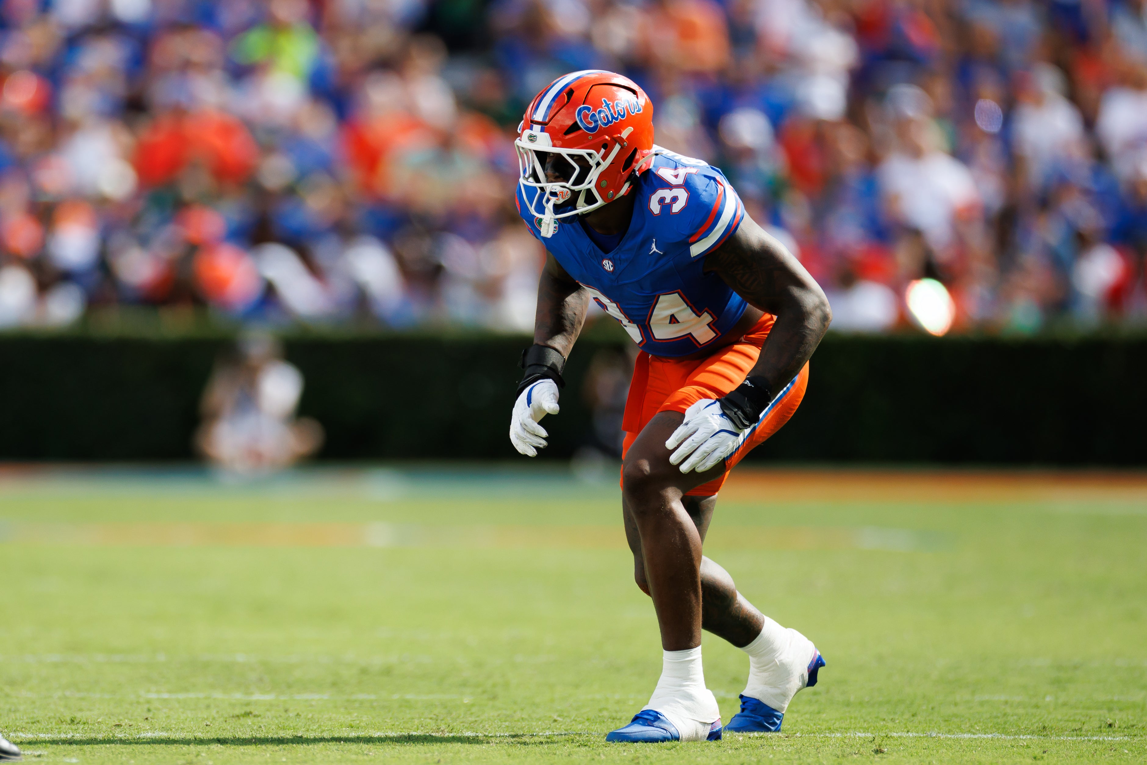 Sep 6, 2025; Gainesville, Florida, USA; Florida Gators defensive end George Gumbs Jr. (34) waits for the snap against the South Florida Bulls during the first half at Ben Hill Griffin Stadium.
