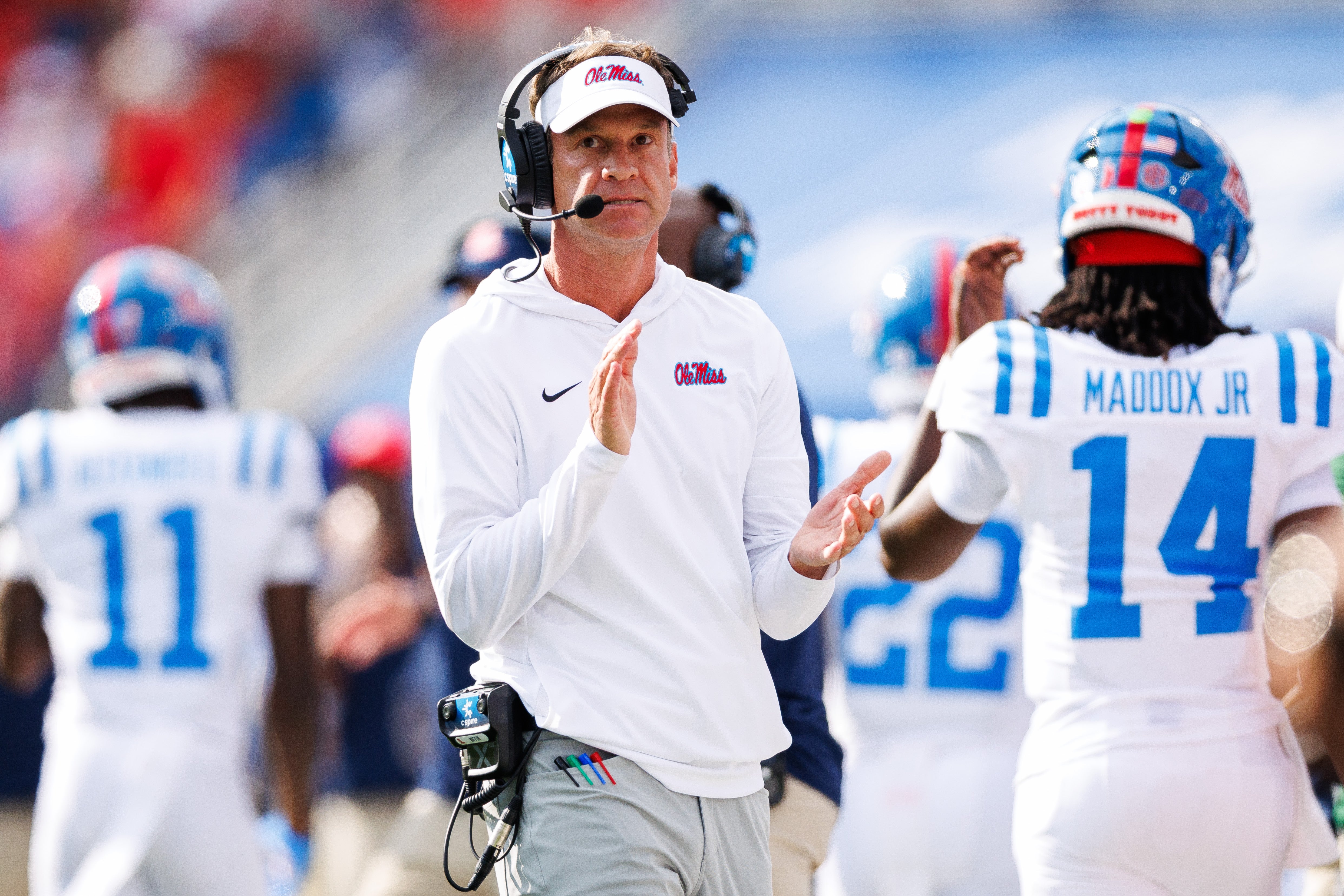 Sep 6, 2025; Lexington, Kentucky, USA; Mississippi Rebels head coach Lane Kiffin reacts after a play during the second quarter against the Kentucky Wildcats at Kroger Field.