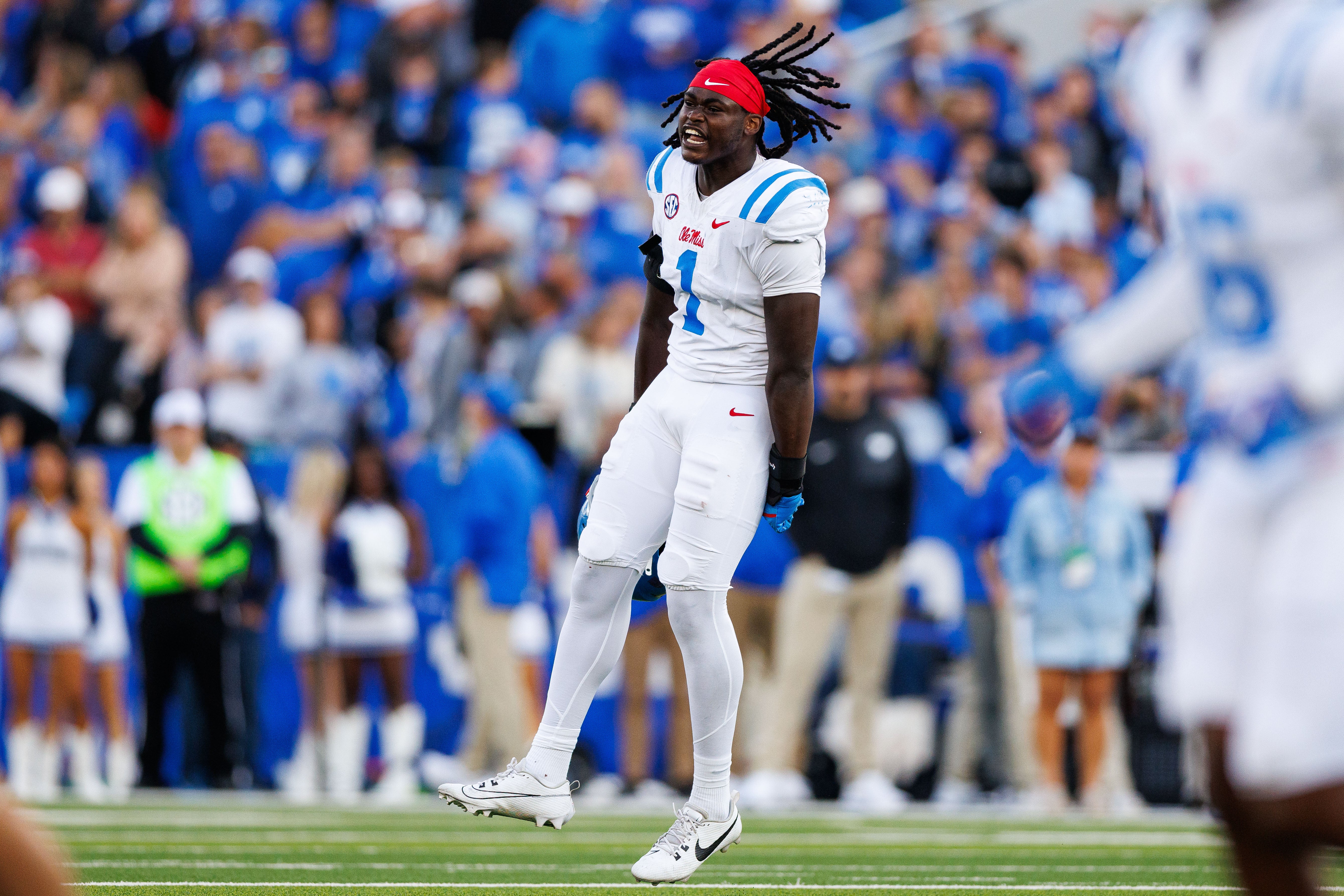 Sep 6, 2025; Lexington, Kentucky, USA; Mississippi Rebels defensive end Princewill Umanmielen (1) reacts after a defensive stop during the fourth quarter against the Kentucky Wildcats at Kroger Field.
