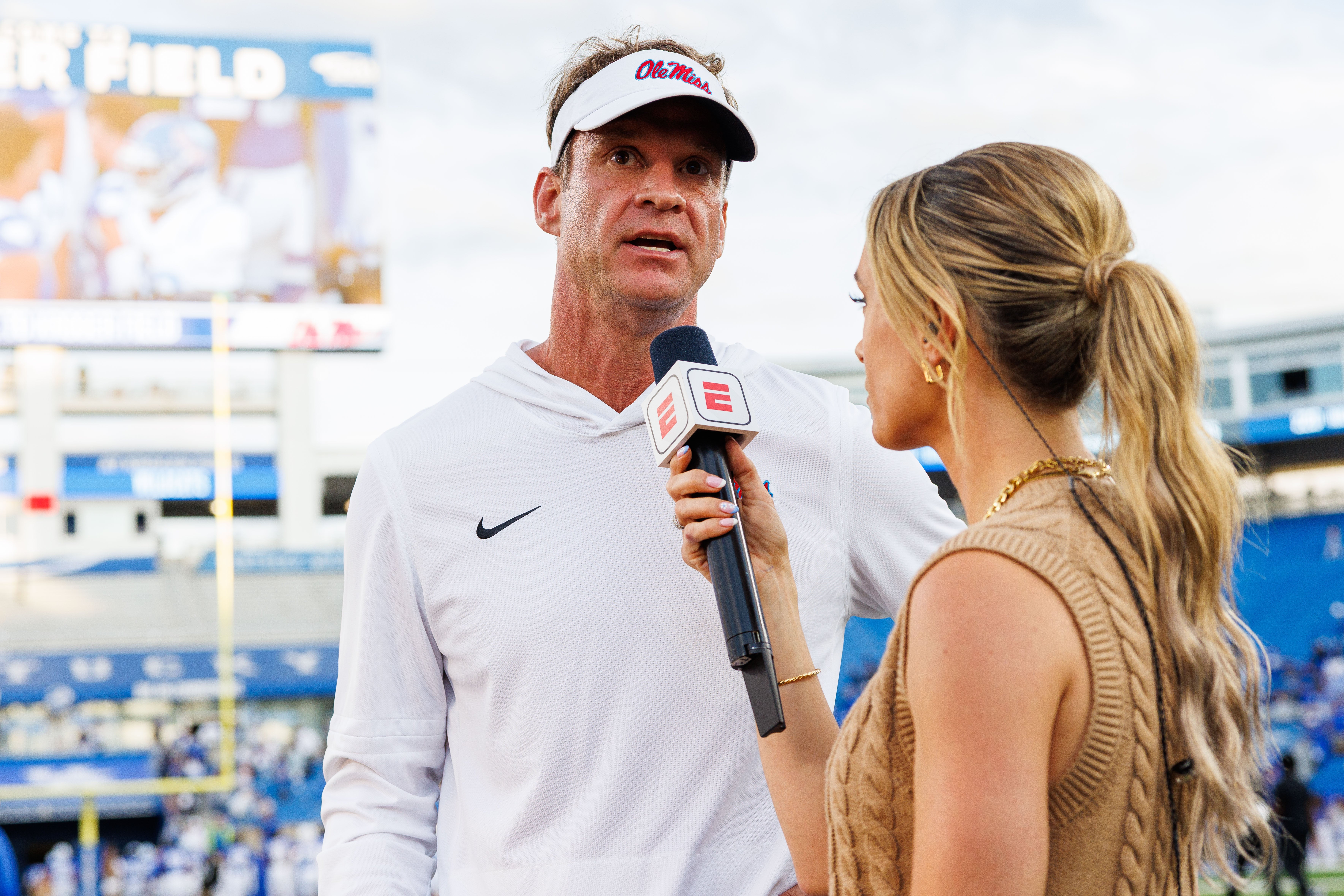 Sep 6, 2025; Lexington, Kentucky, USA; Mississippi Rebels head coach Lane Kiffin is interviewed after the game against the Kentucky Wildcats at Kroger Field.
