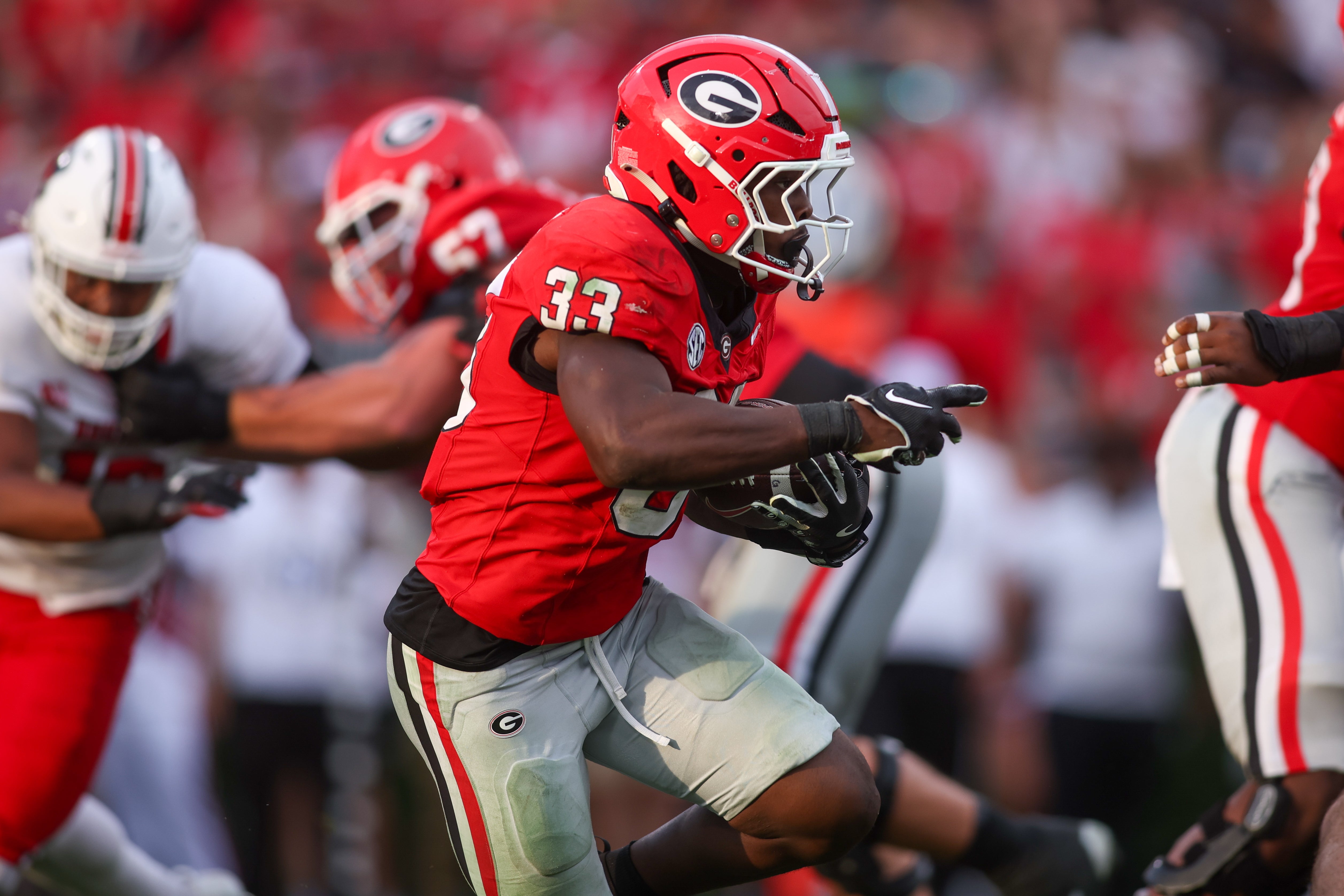 Georgia Bulldogs running back Chauncey Bowens (33) runs the ball against the Austin Peay Governors in the fourth quarter at Sanford Stadium.