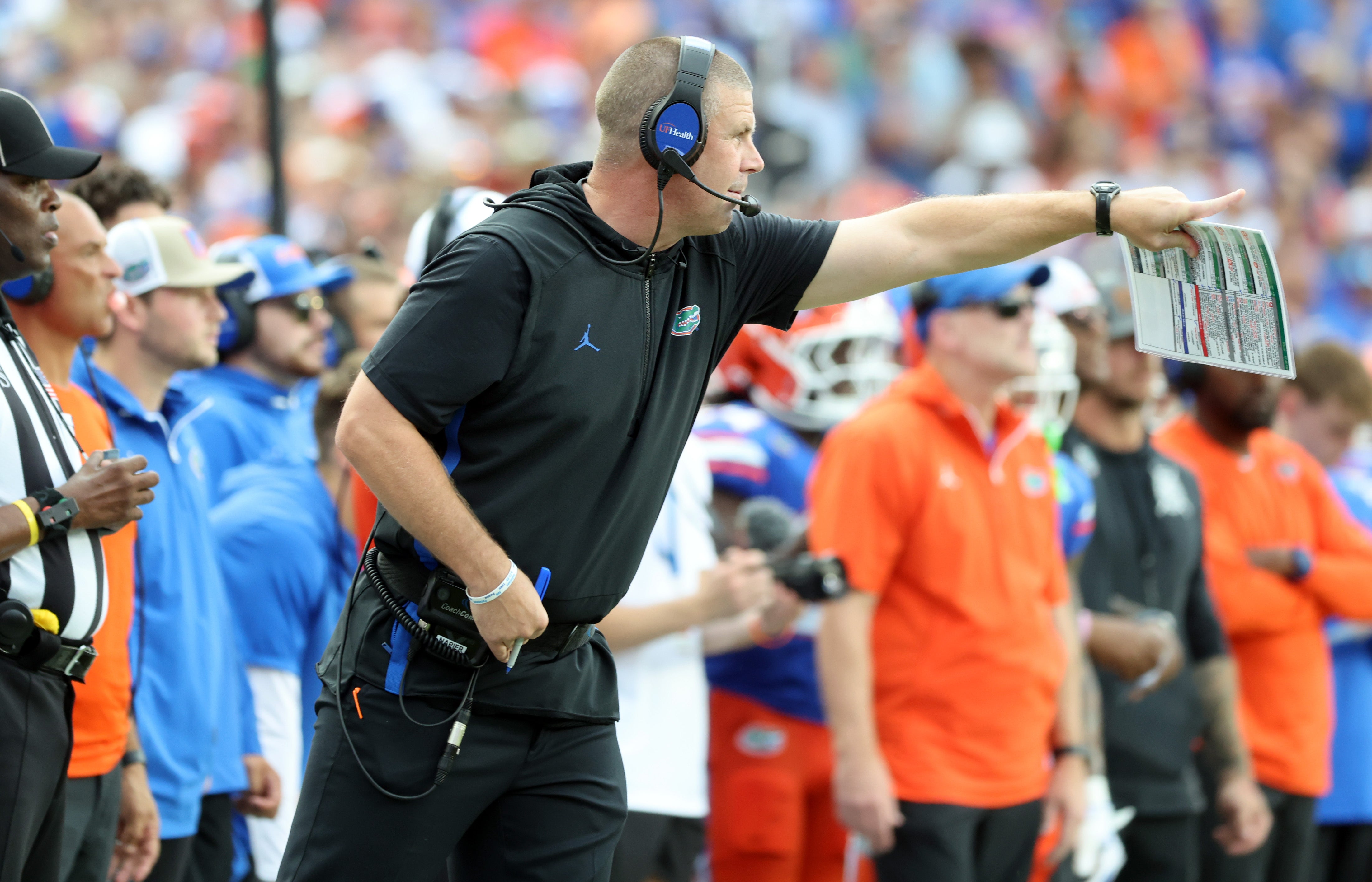 Sep 6, 2025; Gainesville, Florida, USA; Florida Gators head coach Billy Napier against the South Florida Bulls during the second quarter at Ben Hill Griffin Stadium.
