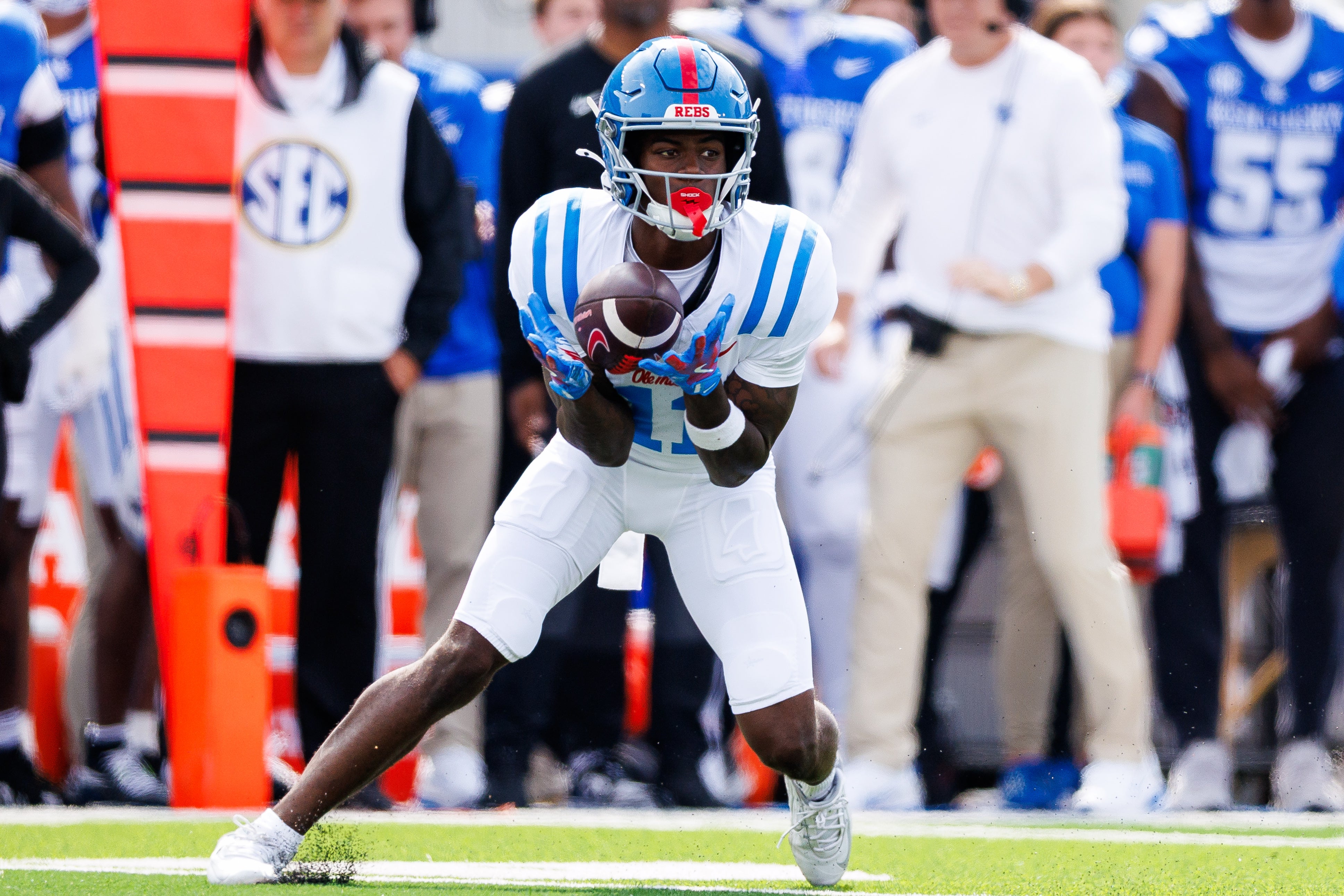 Sep 6, 2025; Lexington, Kentucky, USA; Mississippi Rebels wide receiver Deuce Alexander (11) catches a pass during the first quarter against the Kentucky Wildcats at Kroger Field.