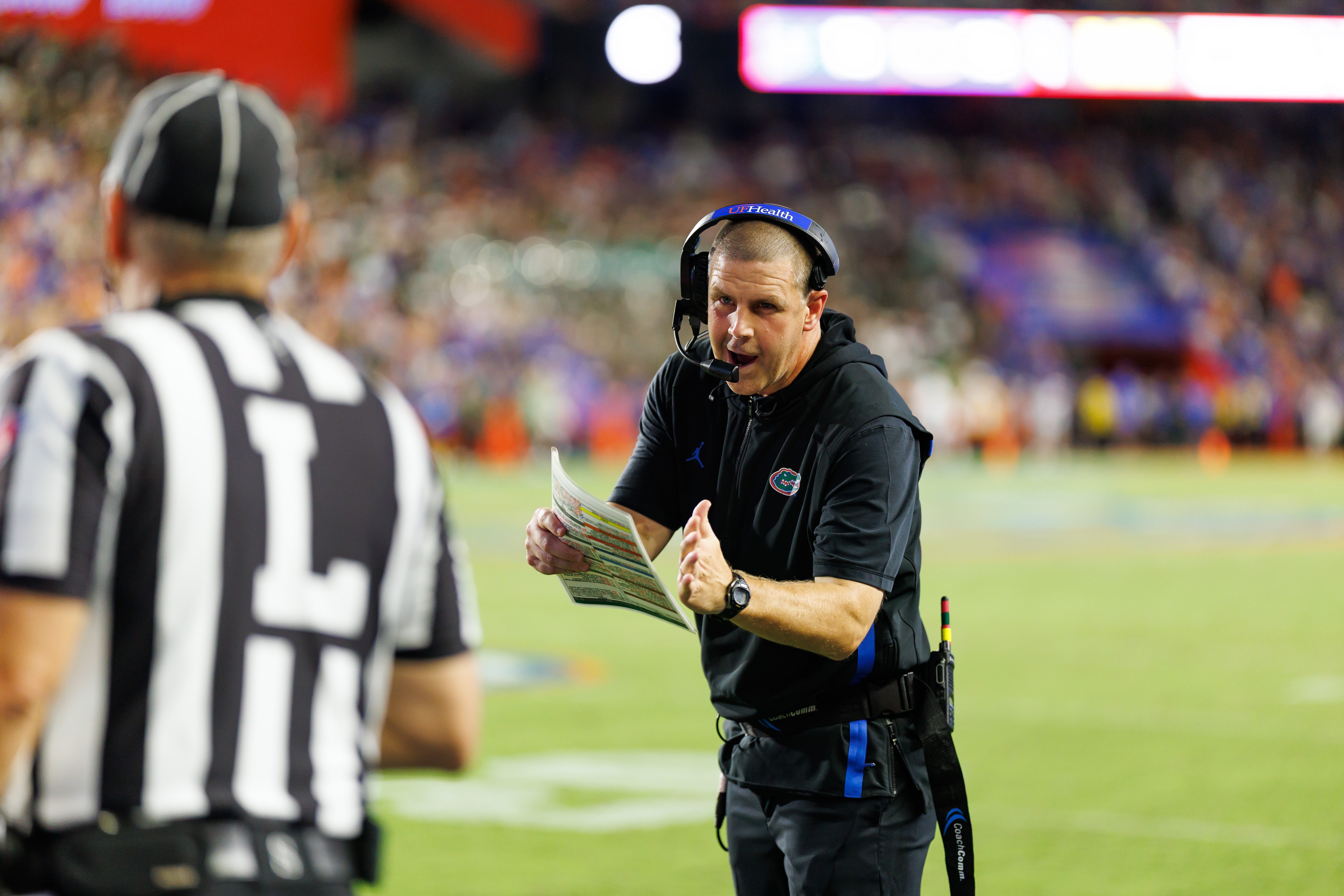 Sep 6, 2025; Gainesville, Florida, USA; Florida Gators head coach Billy Napier calls a timeout against the Florida Gators during the second half at Ben Hill Griffin Stadium.