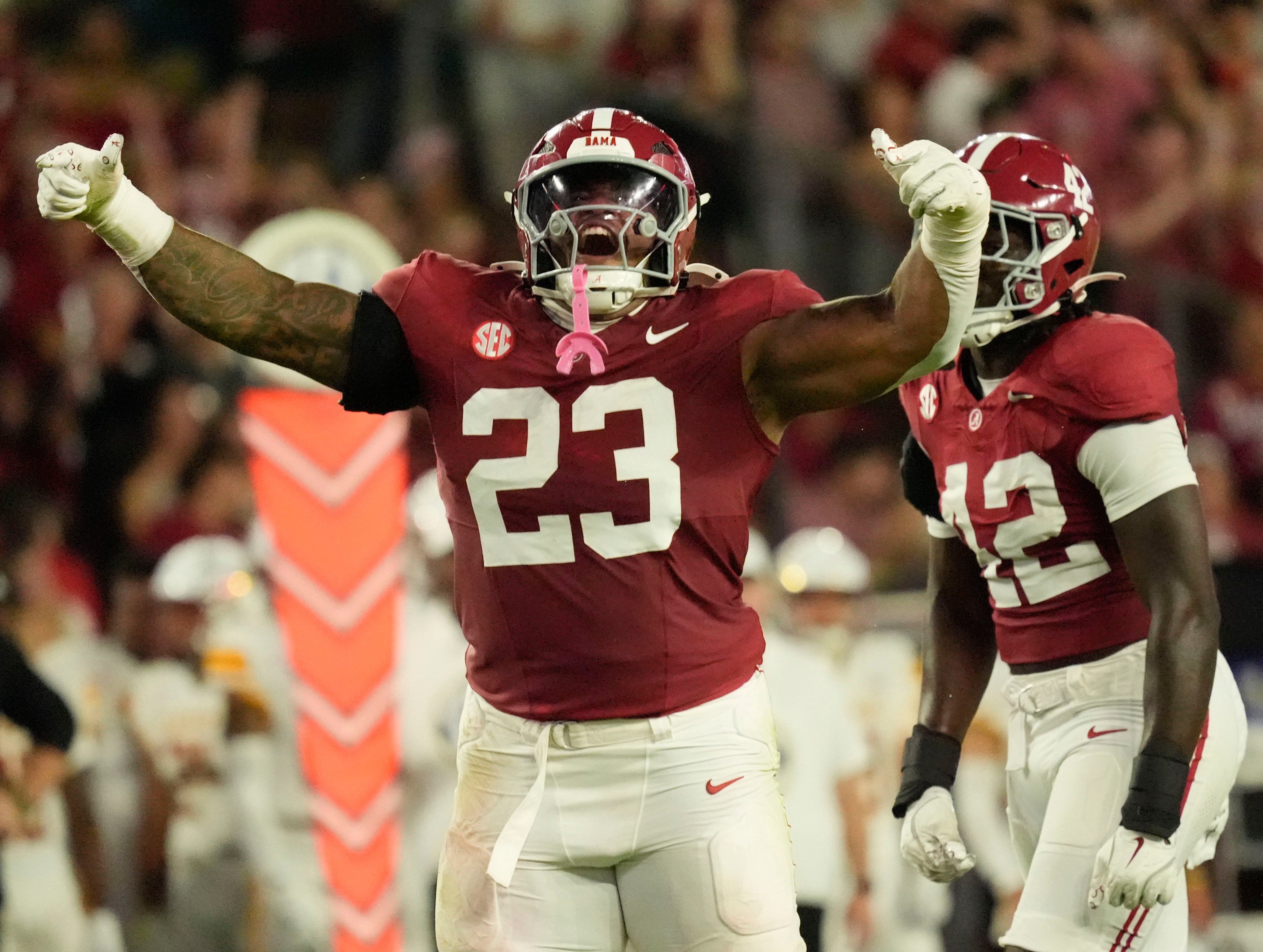 Sep 6, 2025; Tuscaloosa, Alabama, USA; Alabama defensive lineman James Smith (23) celebrates after making a tackle for a loss against UL Monroe at Saban Field at Bryant-Denny Stadium.