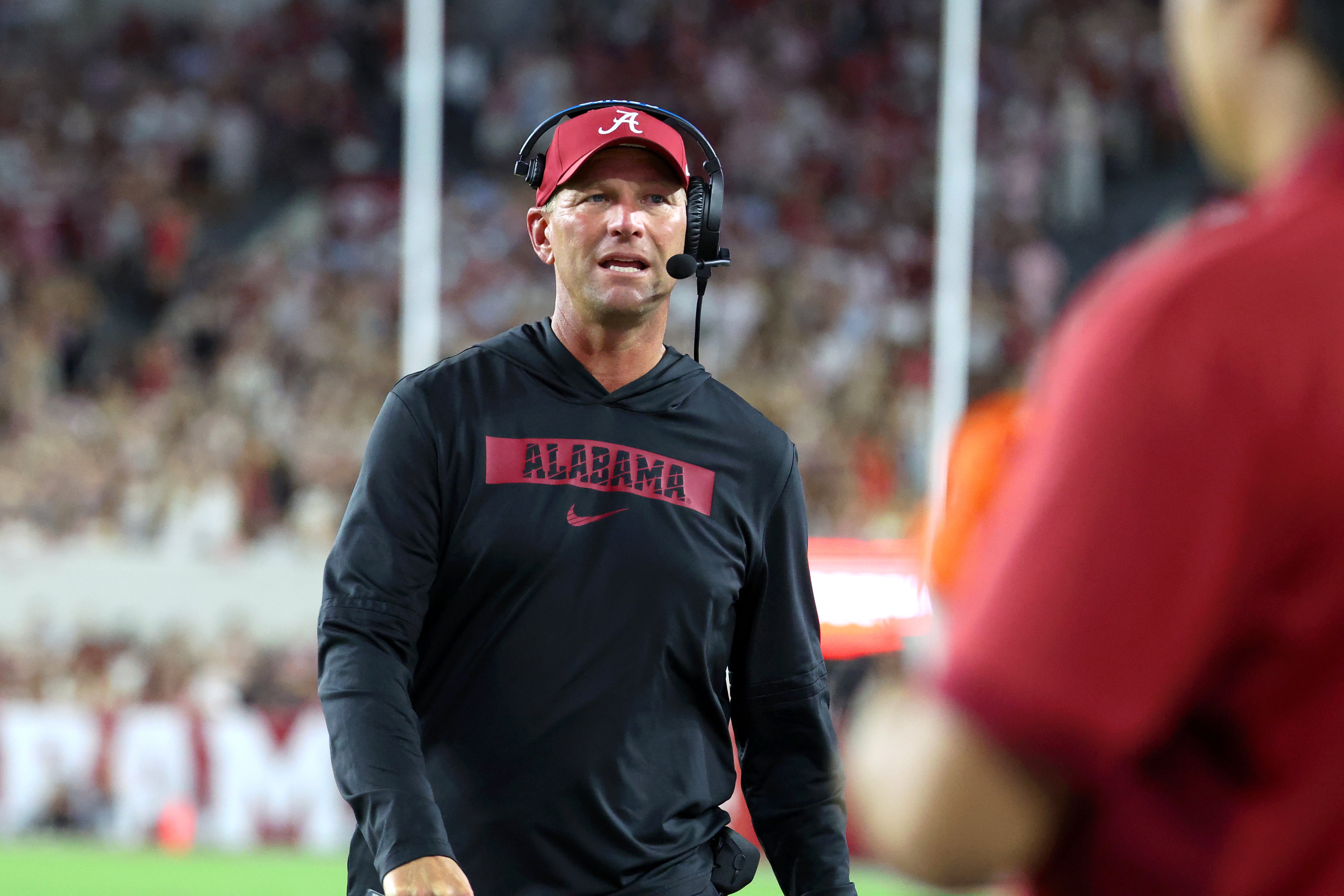 Sep 6, 2025; Tuscaloosa, Alabama, USA; Alabama Crimson Tide head coach Kalen DeBoer paces the sidelines during the third quarter against the Louisiana Monroe Warhawks at Saban Field at Bryant-Denny Stadium. Mandatory Credit: David Leong-Imagn Images