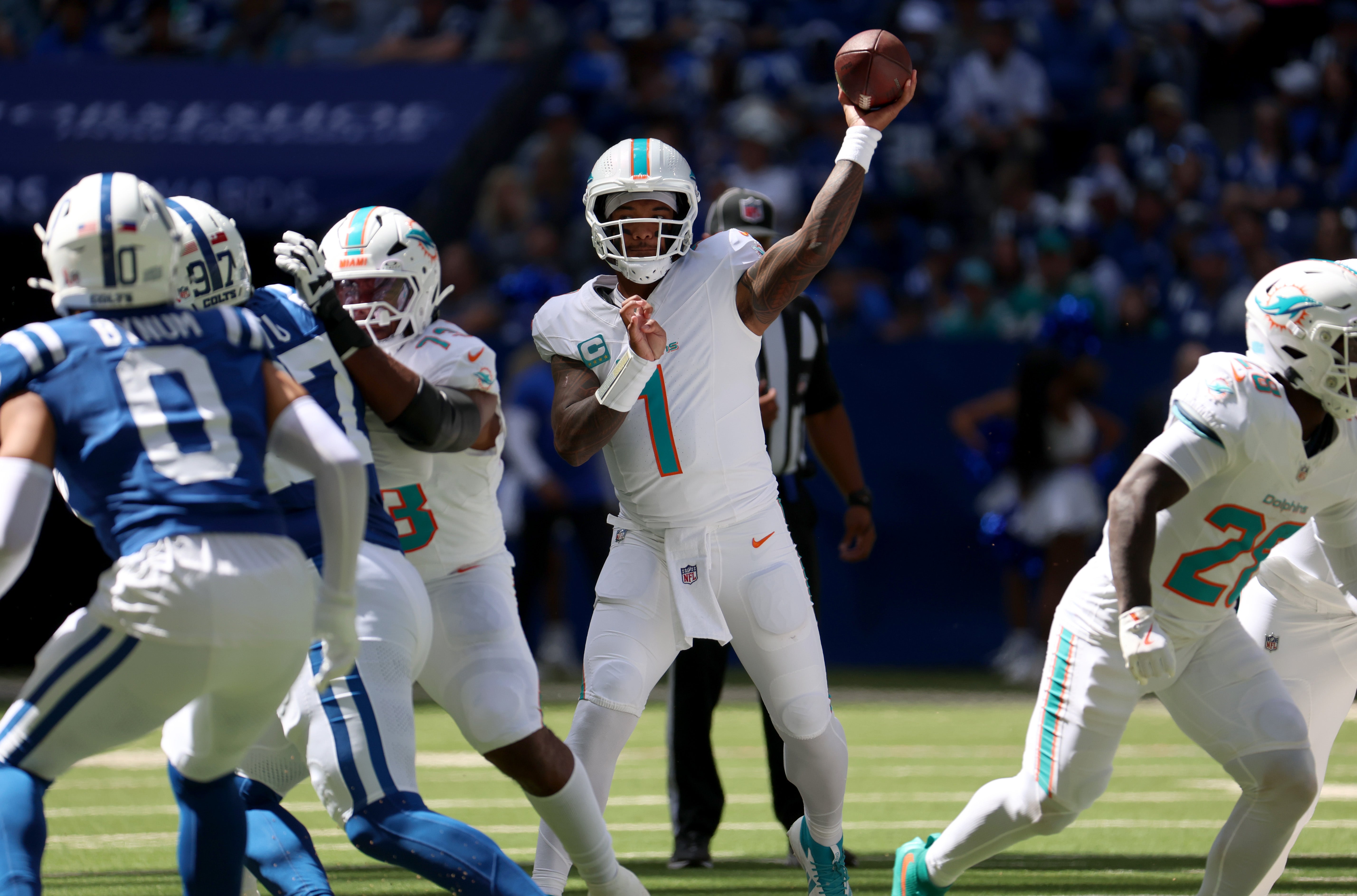 Dolphins QB Tua Tagovailoa attempting a pass against the Colts in Week 1