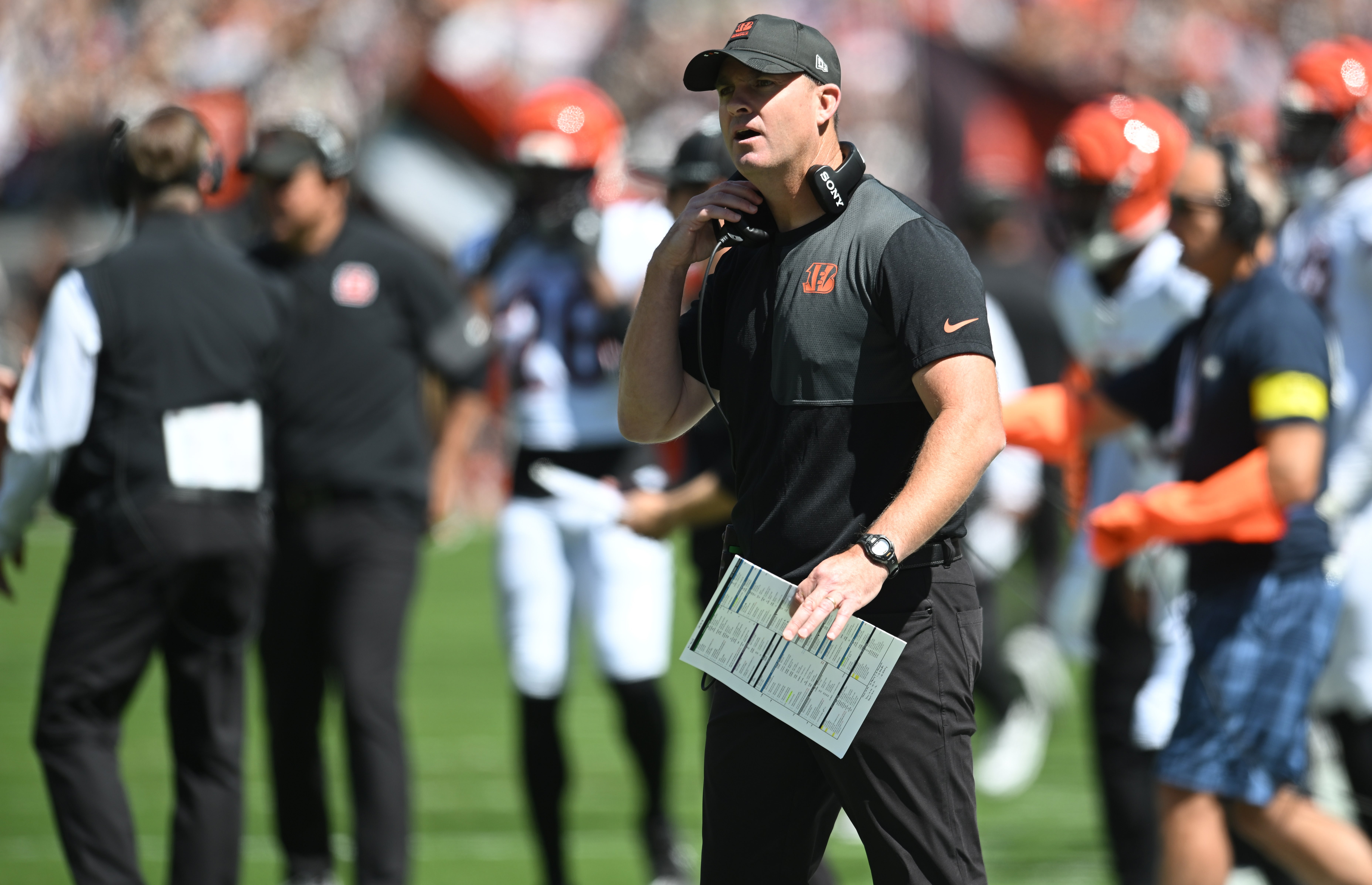 Sep 7, 2025; Cleveland, Ohio, USA; Cincinnati Bengals head coach Zac Taylor during the first half against the Cleveland Browns at Huntington Bank Field.