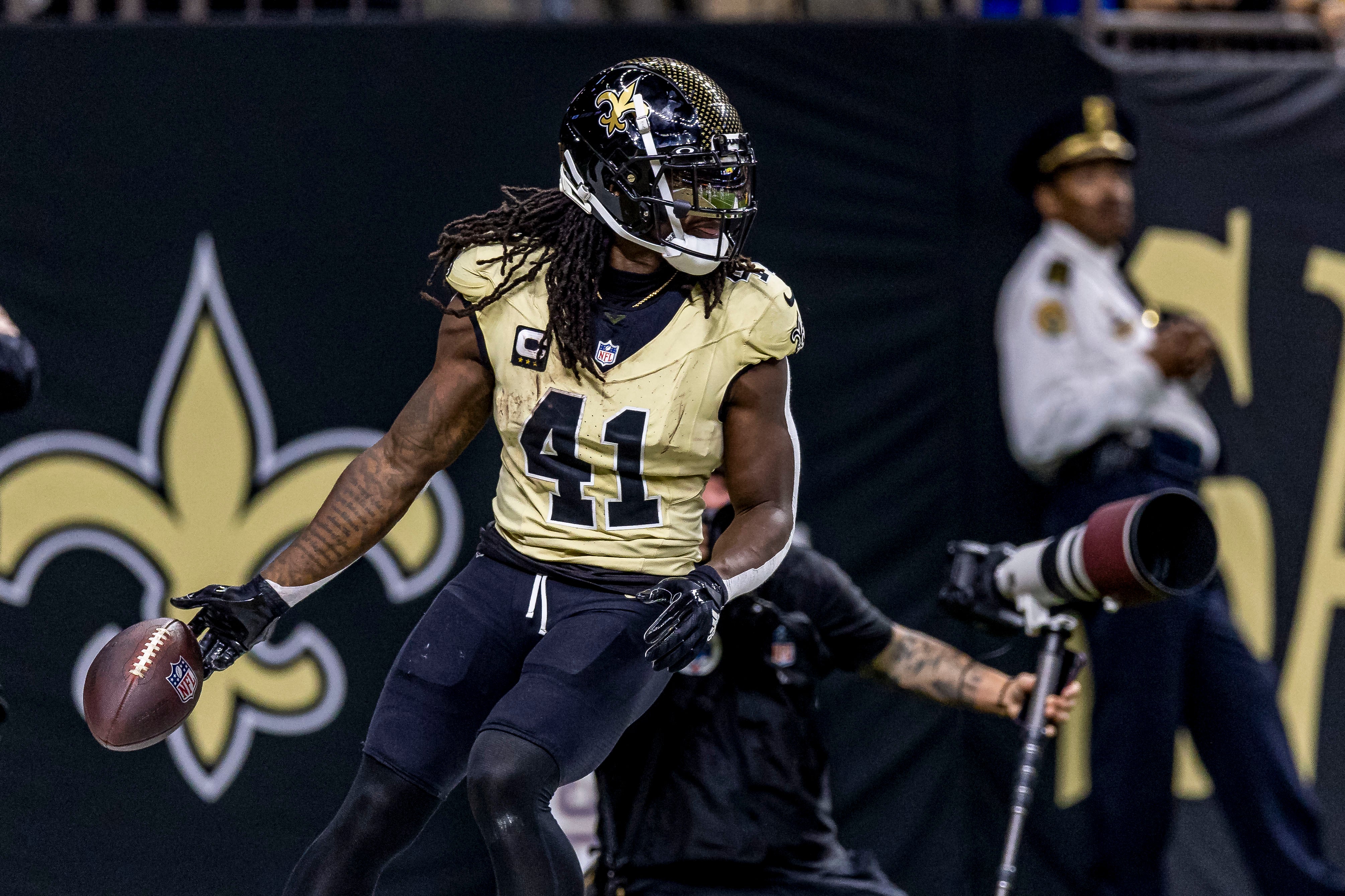 Sep 7, 2025; New Orleans, Louisiana, USA; New Orleans Saints running back Alvin Kamara (41) scores a touch down during the second quarter at Caesars Superdome.