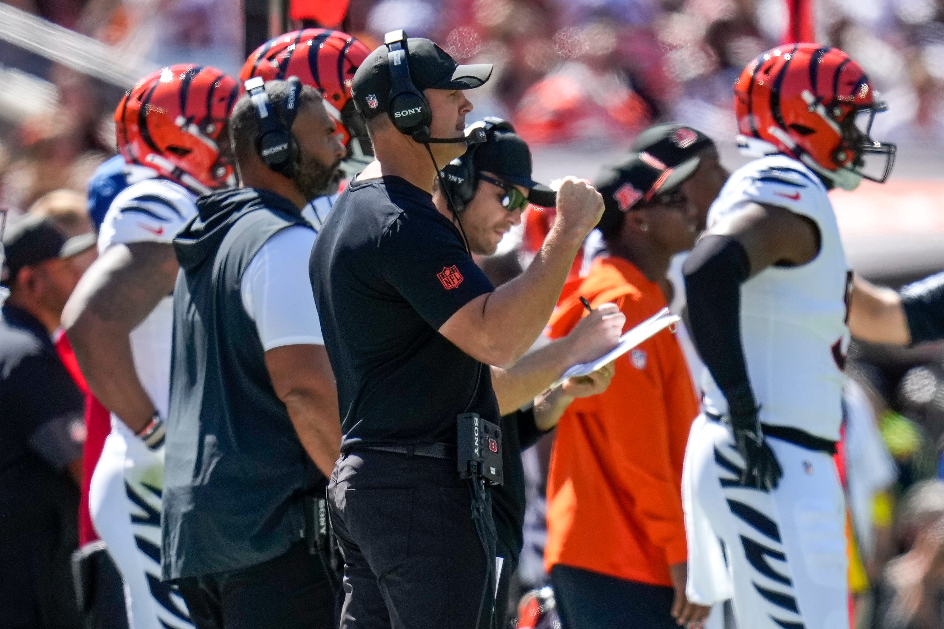 Cincinnati Bengals head coach Zac Taylor pumps his fist in the second quarter of the NFL Week 1 game between the Cleveland Browns and the Cincinnati Bengals at Huntington Bank Field in Cleveland on Sunday, Sept. 7, 2025.