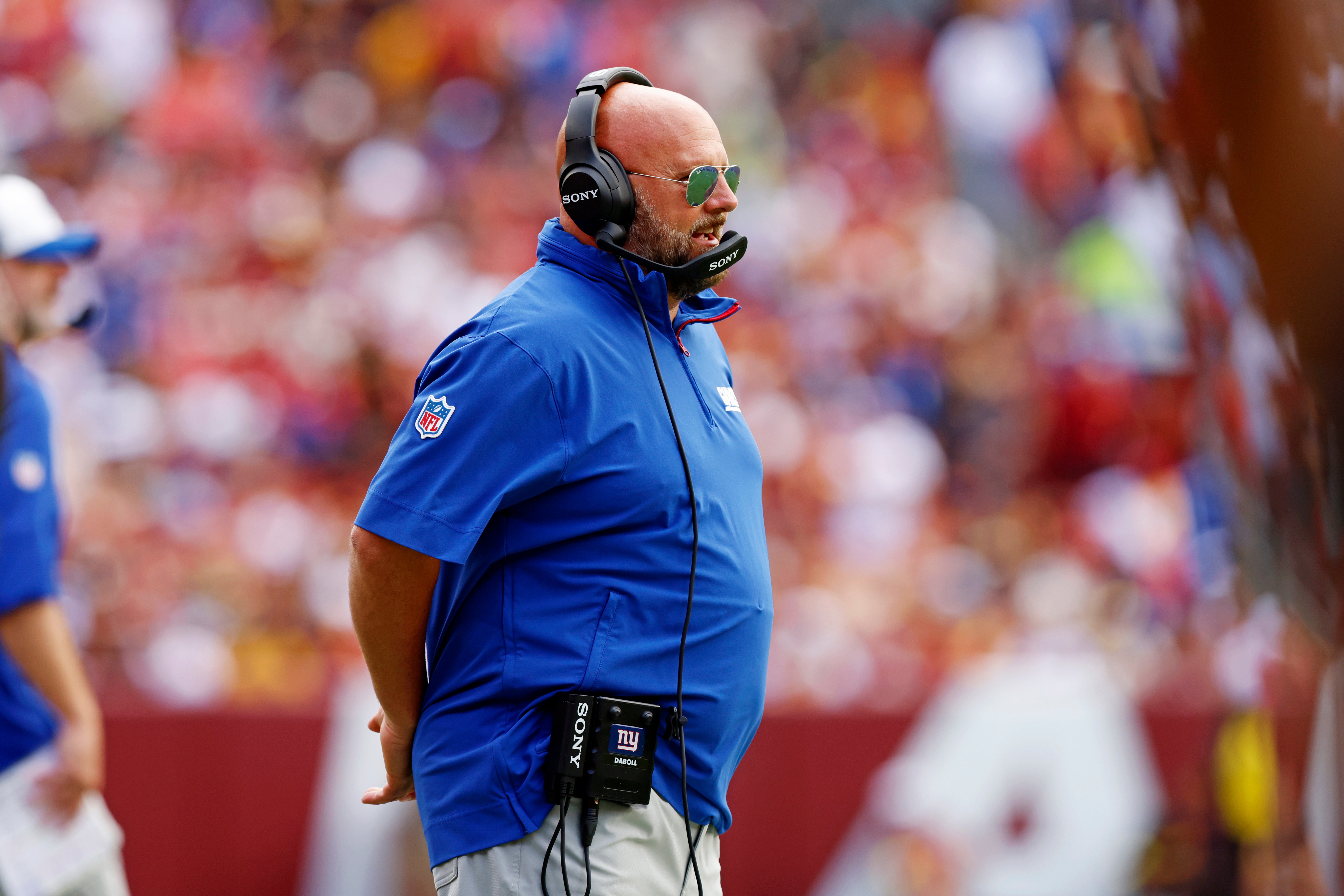 Sep 7, 2025; Landover, Maryland, USA; New York Giants head coach Brian Daboll looks on during the second quarter against the Washington Commanders at Northwest Stadium.