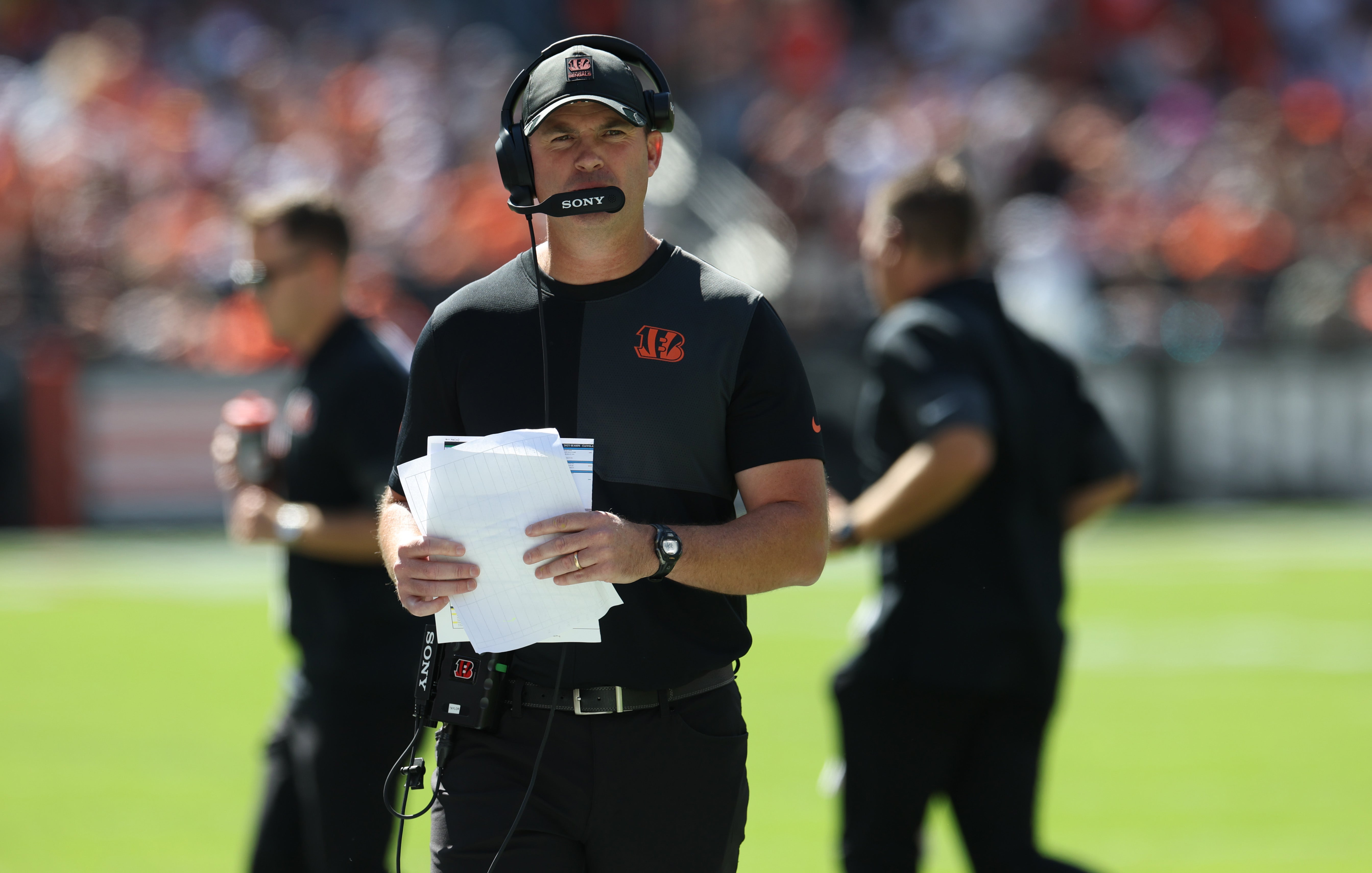 Sep 7, 2025; Cleveland, Ohio, USA; Cincinnati Bengals head coach Zac Taylor during the second half against the Cleveland Browns at Huntington Bank Field.