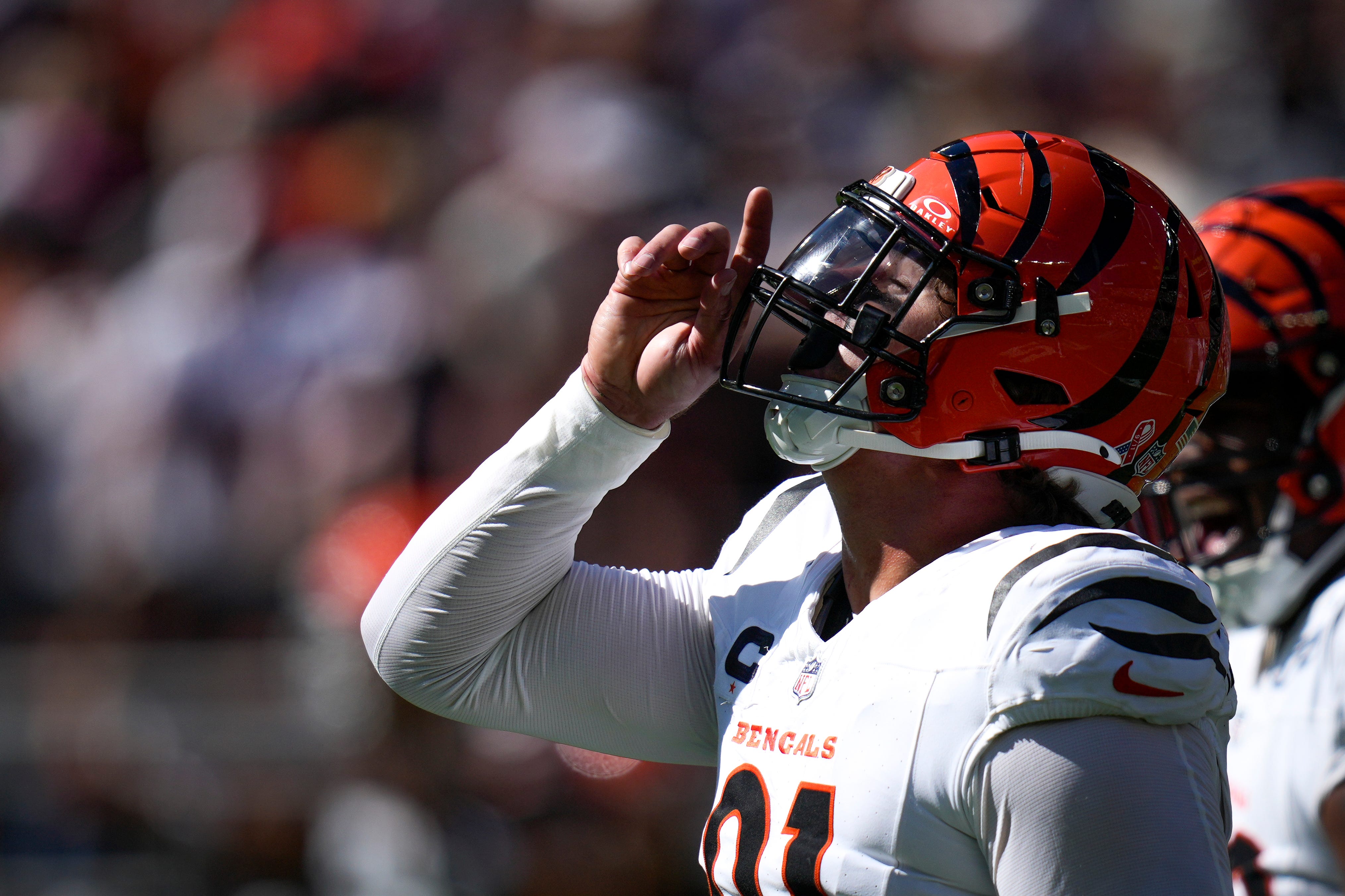 Cincinnati Bengals defensive end Trey Hendrickson (91) celebrates a sack in the fourth quarter of the NFL Week 1 game between the Cleveland Browns and the Cincinnati Bengals at Huntington Bank Field in Cleveland on Sunday, Sept. 7, 2025. The Bengals begin the season with a 17-16 win over the Browns.