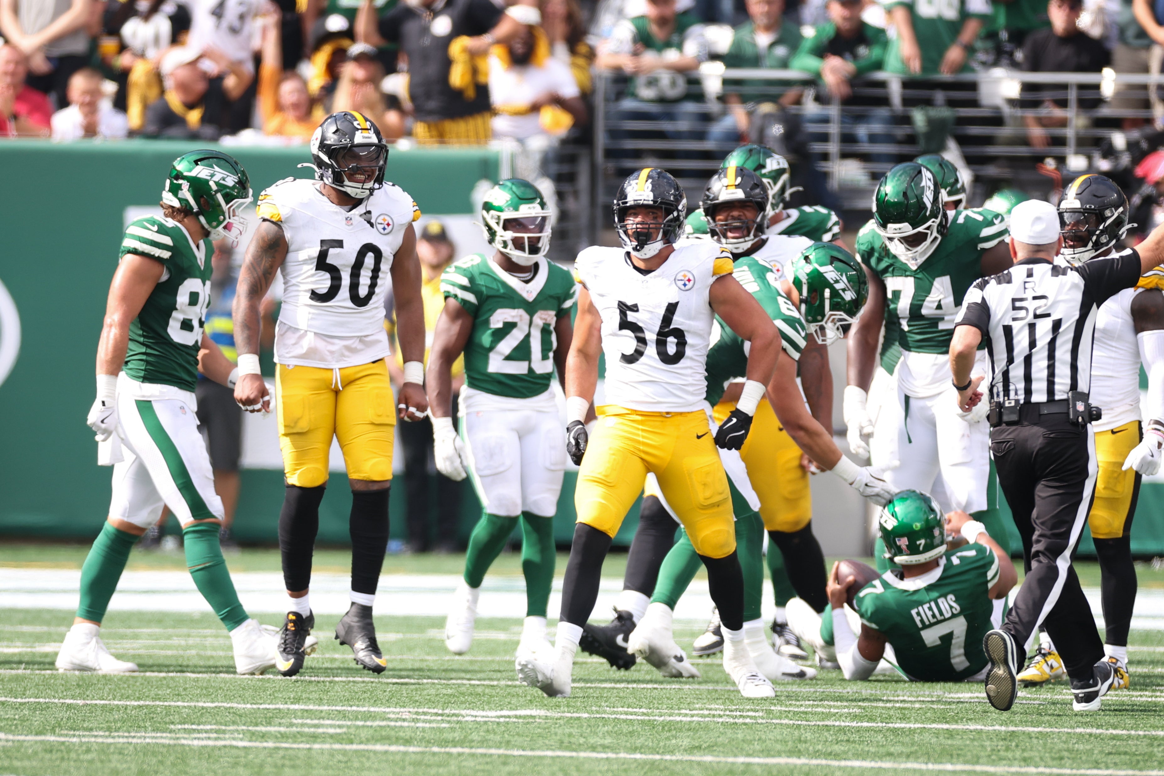 Sep 7, 2025; East Rutherford, New Jersey, USA; Pittsburgh Steelers linebacker Alex Highsmith (56) reacts to a defensive play during the second half against the New York Jets at MetLife Stadium.