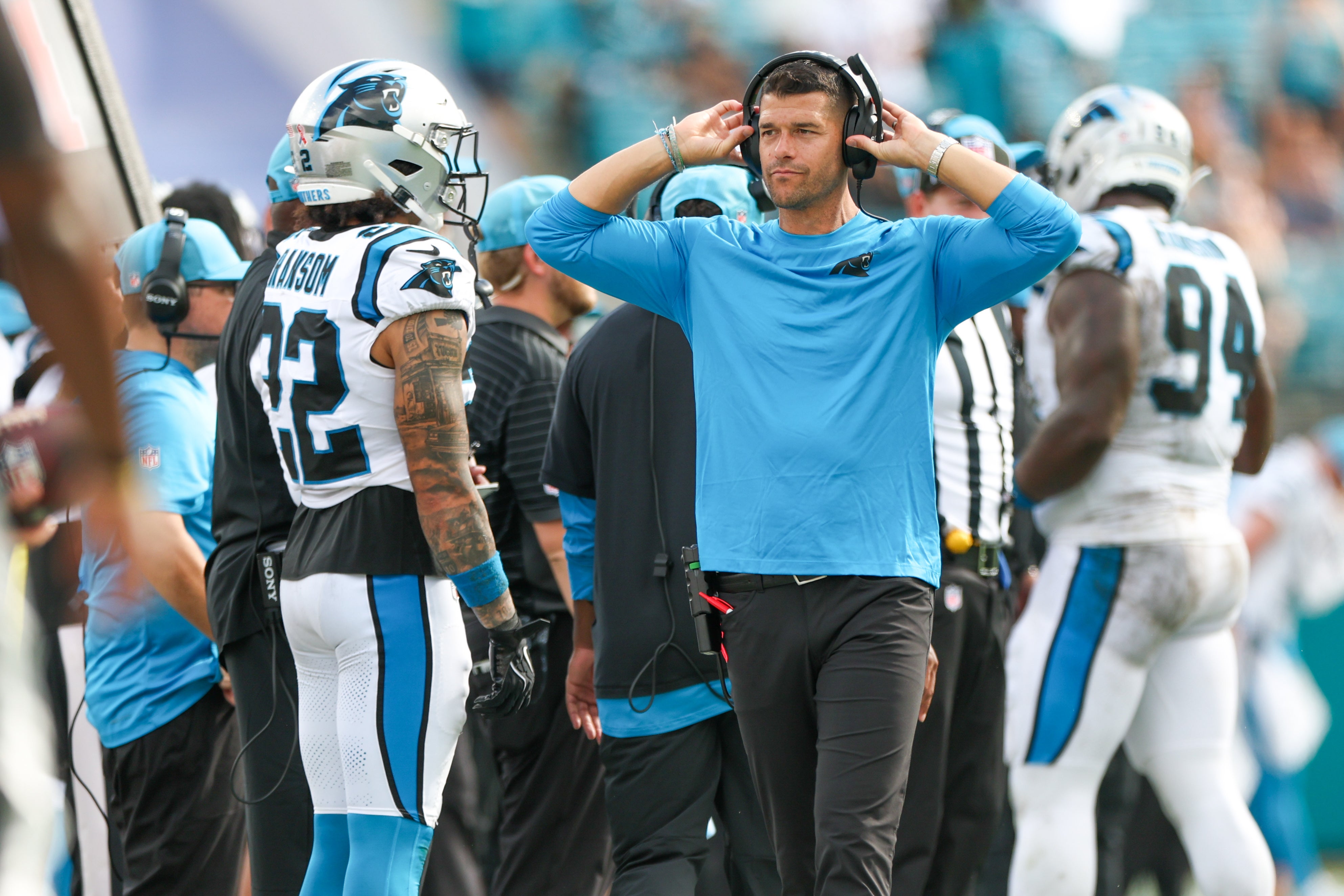 Sep 7, 2025; Jacksonville, Florida, USA; Carolina Panthers head coach Dave Canales on the sidelines against the Jacksonville Jaguars during the second half at EverBank Stadium.