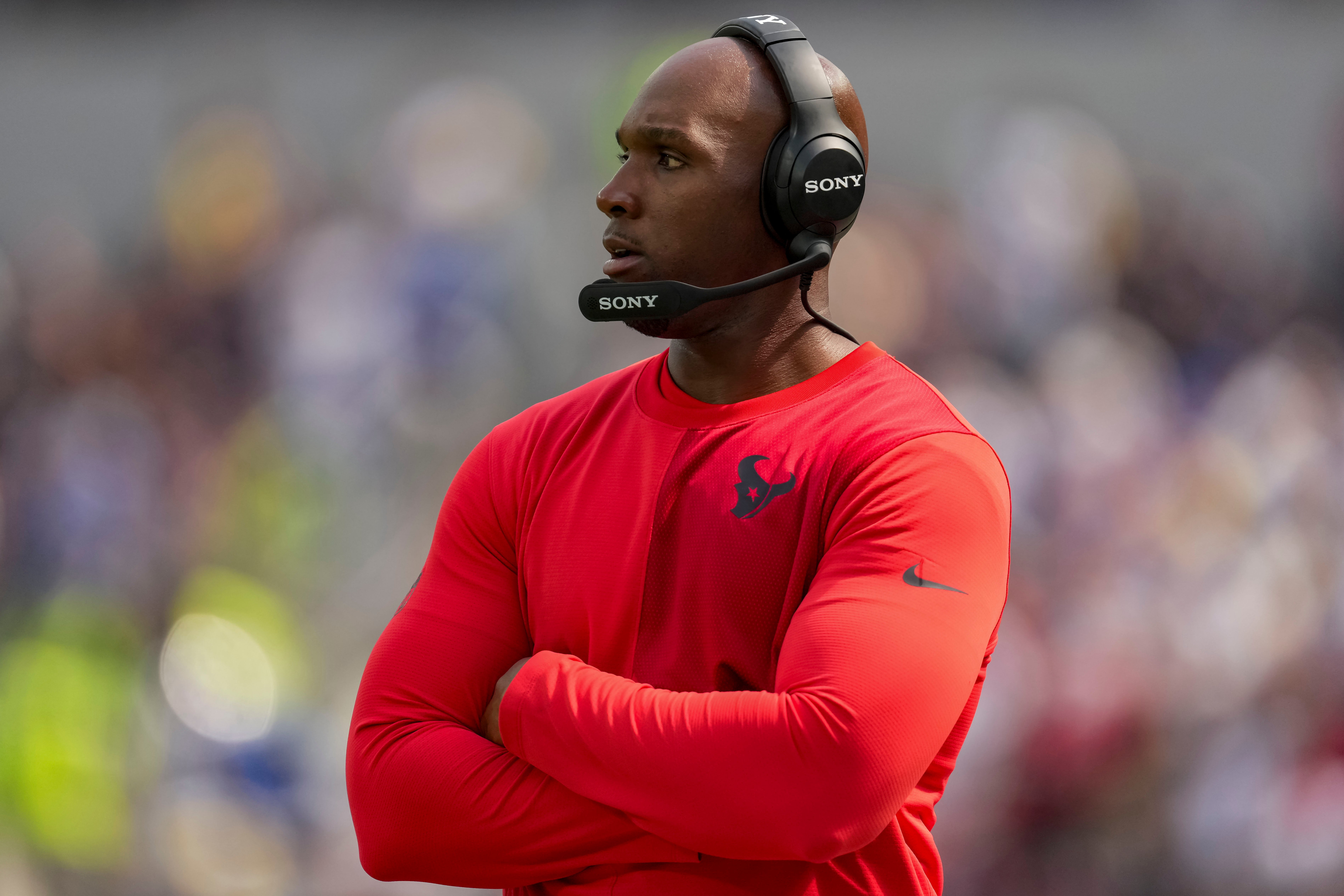 Sep 7, 2025; Inglewood, California, USA; Houston Texans coach DeMeco Ryans reacts during the second quarter at SoFi Stadium.