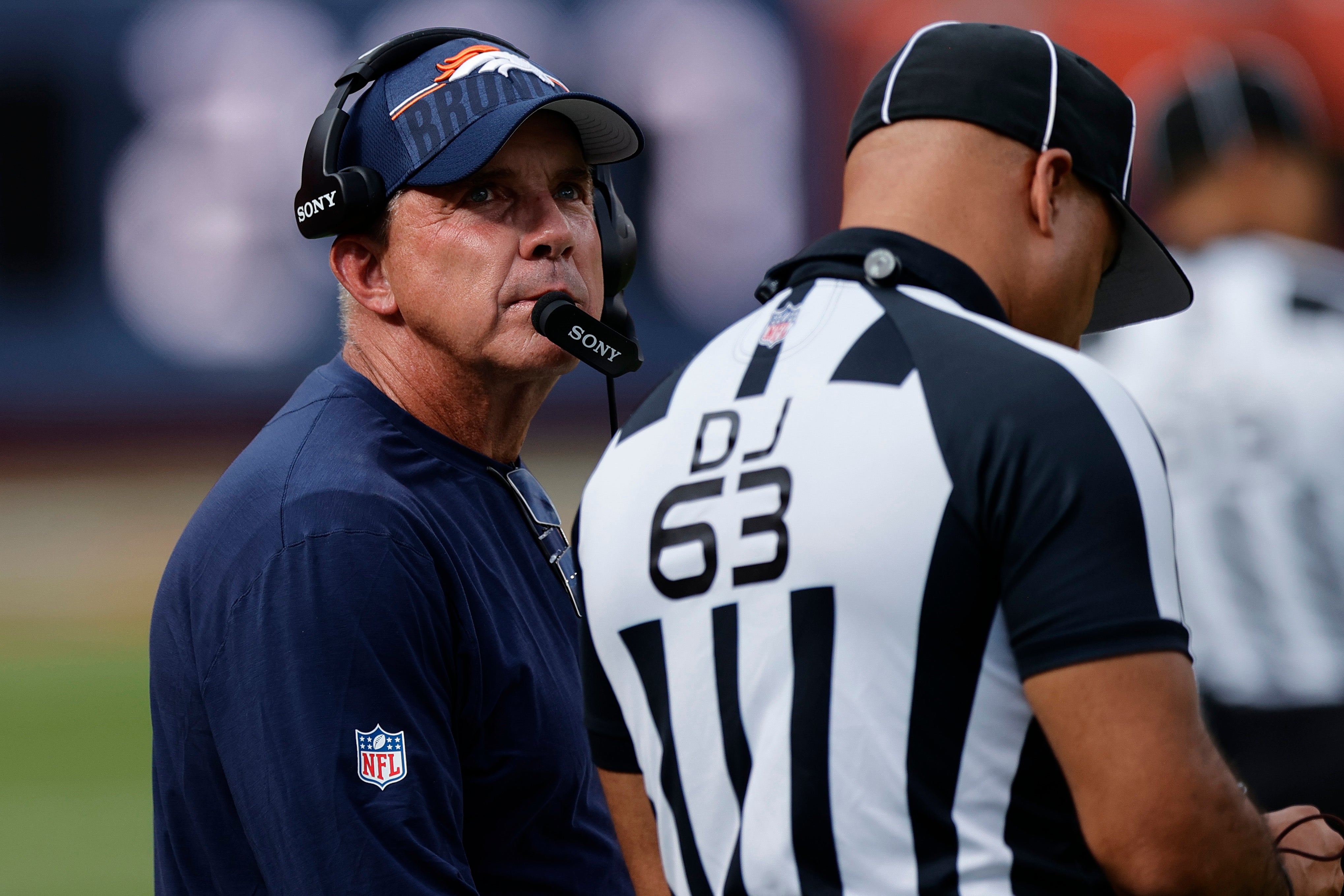 Sep 7, 2025; Denver, Colorado, USA; Denver Broncos head coach Sean Payton in the second half at Empower Field at Mile High.