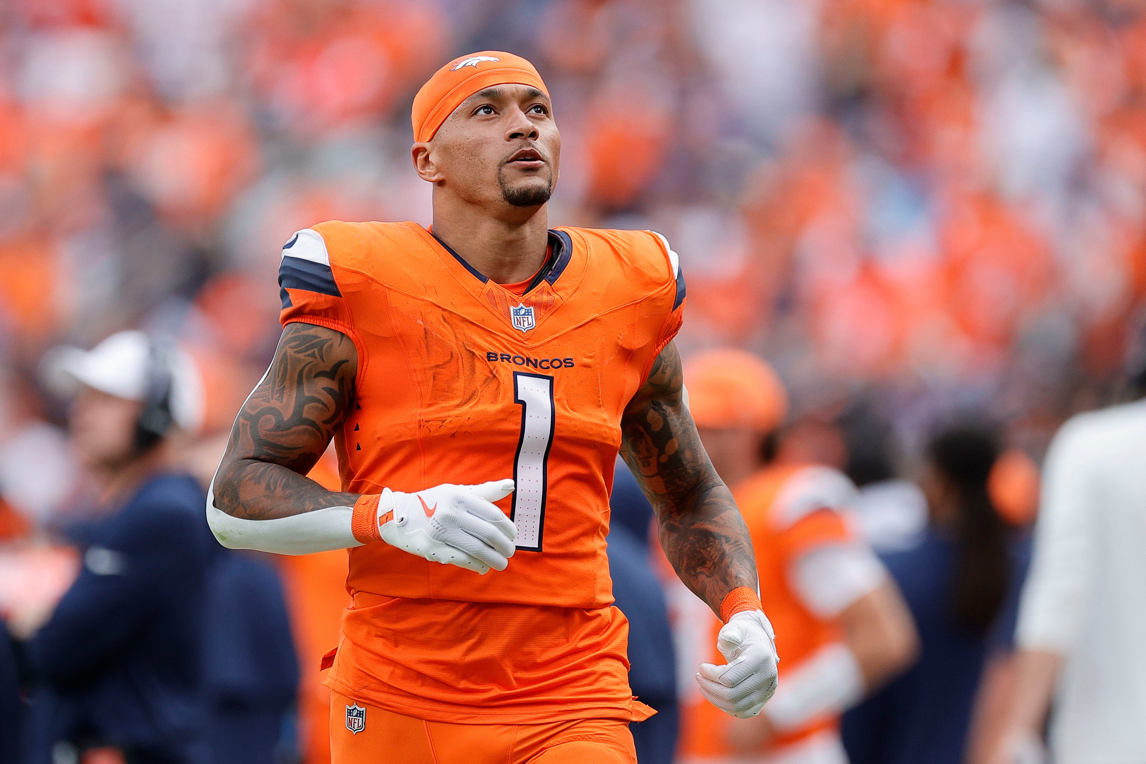 Sep 7, 2025; Denver, Colorado, USA; Denver Broncos tight end Evan Engram (1) in the second half at Empower Field at Mile High.