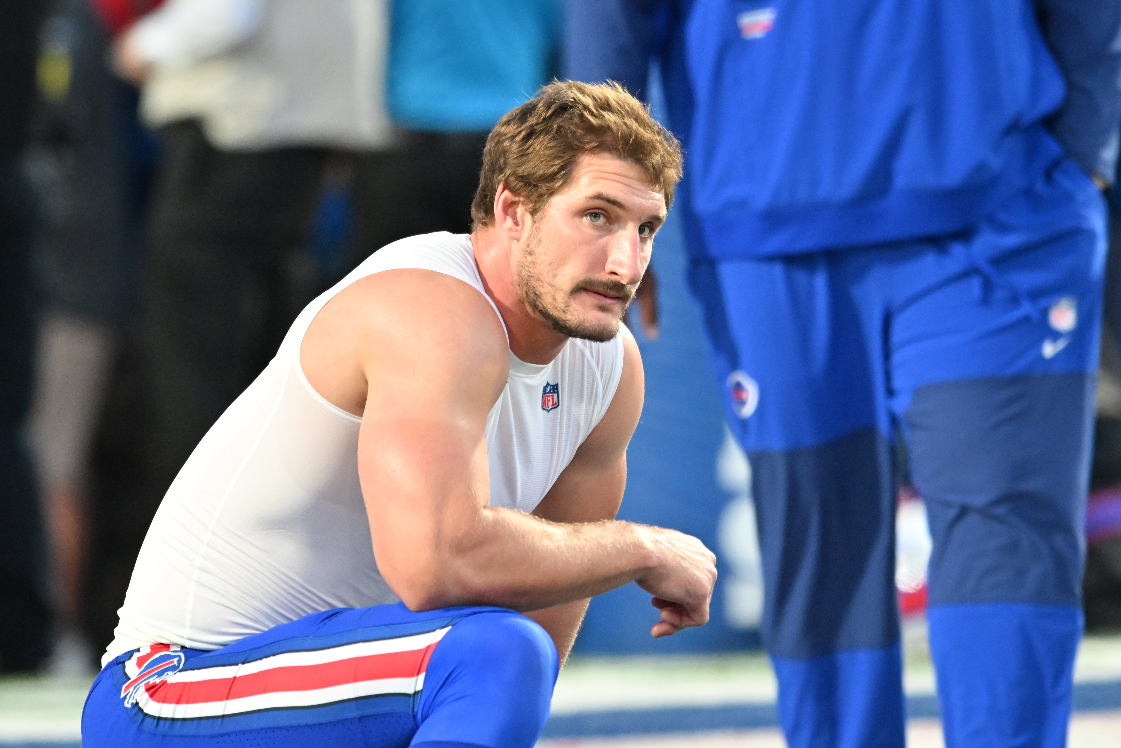 Sep 7, 2025; Orchard Park, New York, USA; Buffalo Bills defensive end Joey Bosa (97) warms up prior to the game against the Baltimore Ravens at Highmark Stadium.