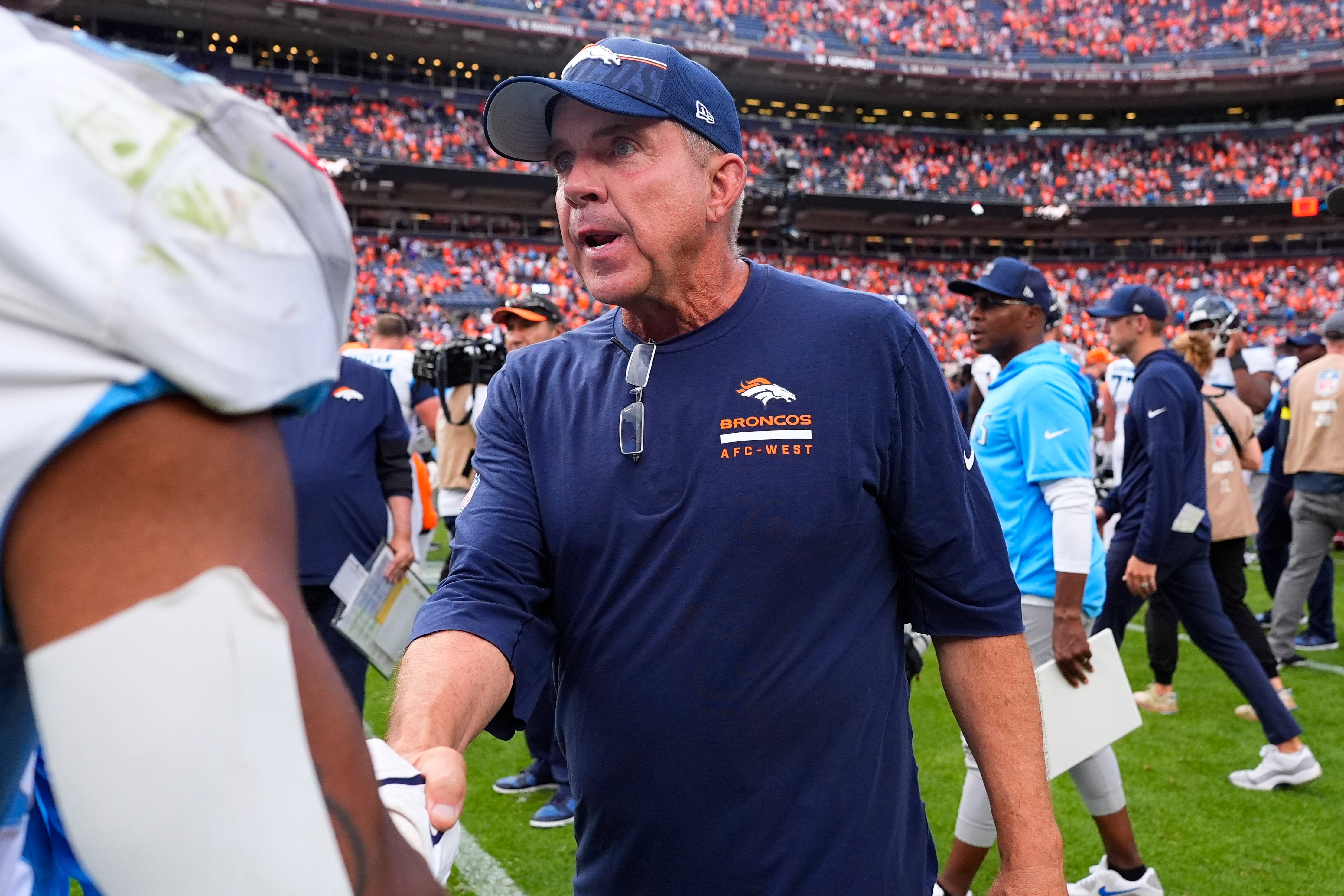 Sep 7, 2025; Denver, Colorado, USA; Denver Broncos head coach Sean Payton after the game at Empower Field at Mile High.