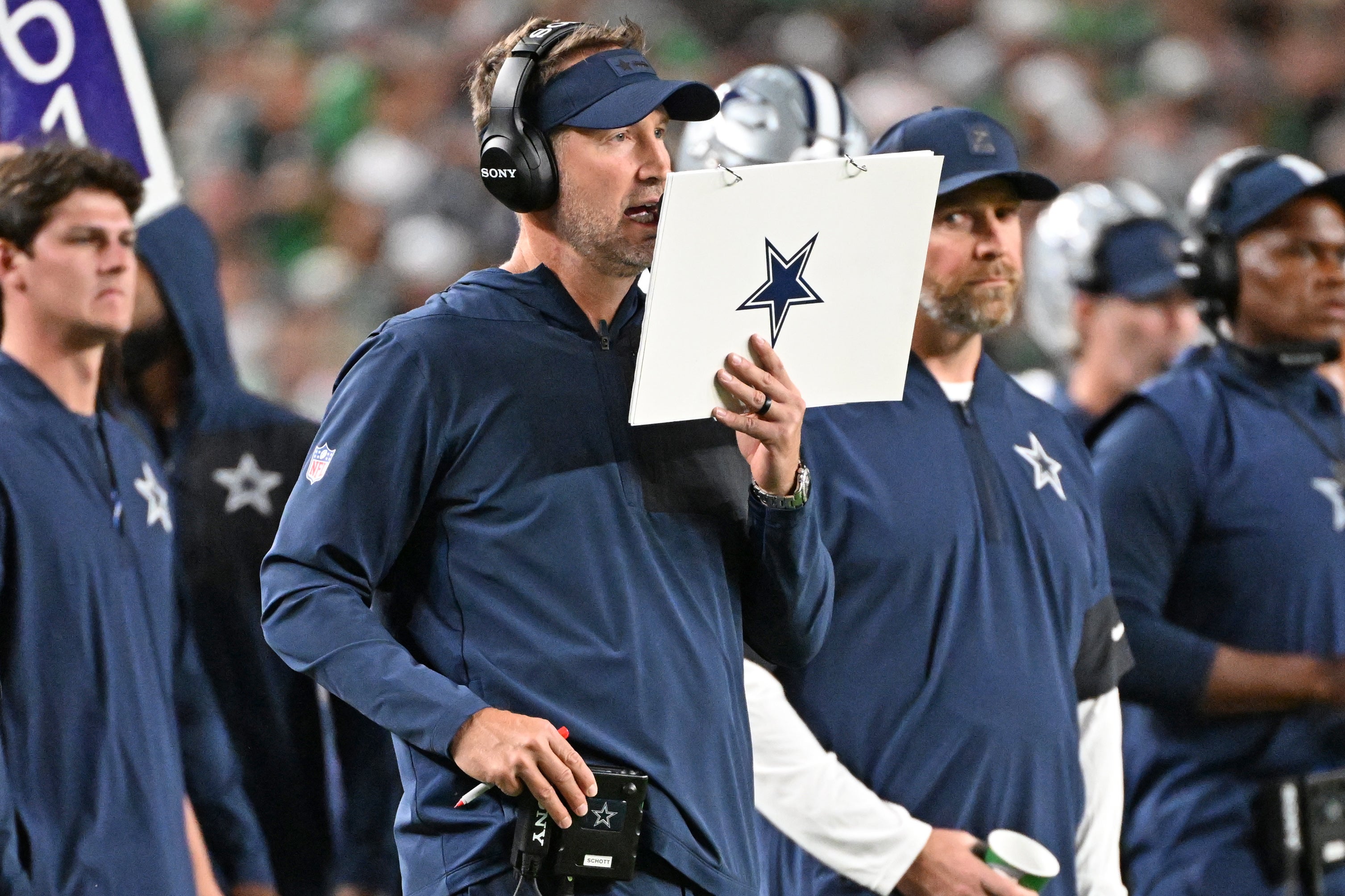 Dallas Cowboys head coach Brian Schottenheimer on the sidelines against the Philadelphia Eagles at Lincoln Financial Field.