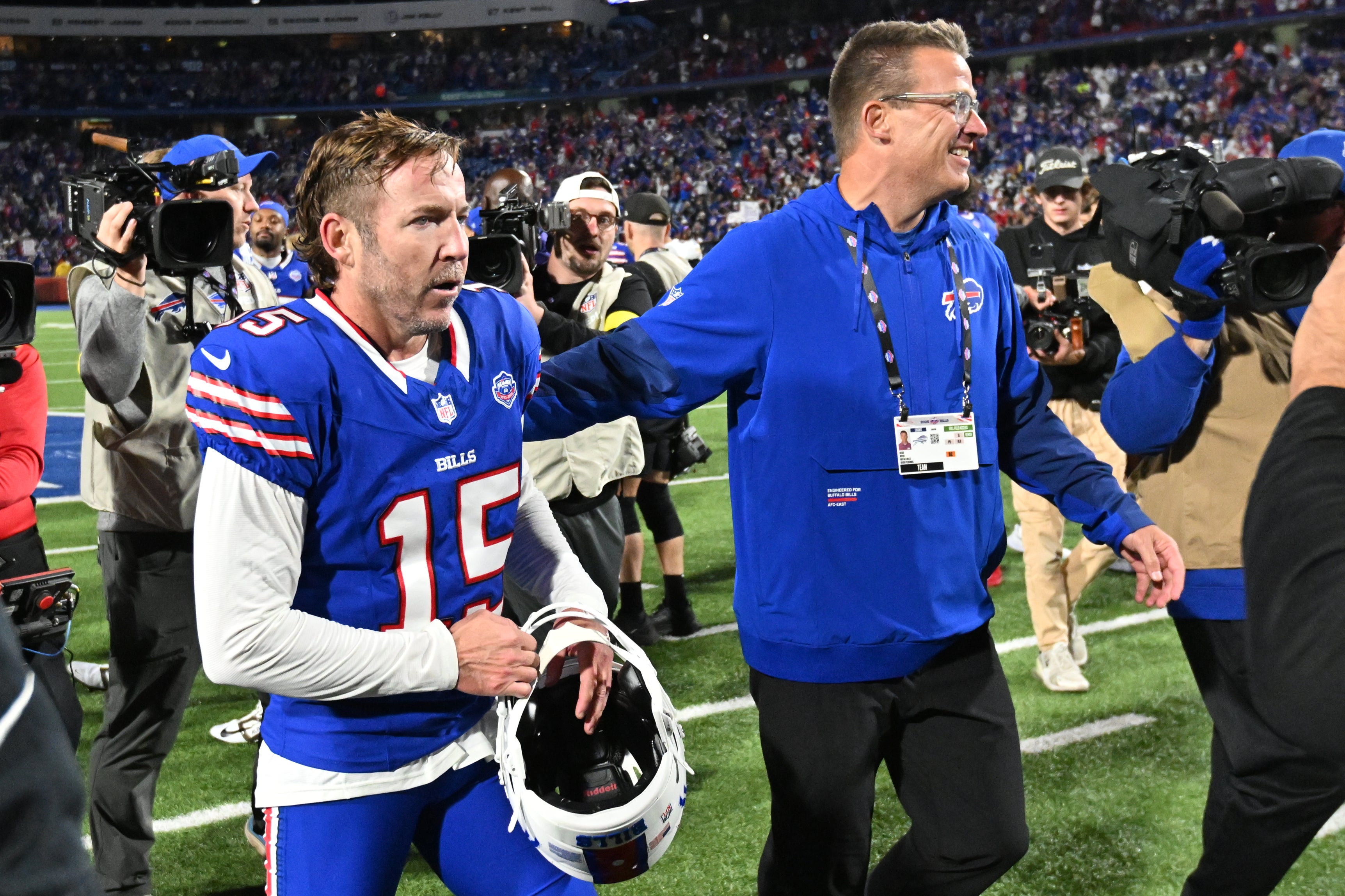 Sep 7, 2025; Orchard Park, New York, USA; Buffalo Bills placekicker Matt Prater (15) celebrates the win after kicking a field goal during the fourth quarter against the Baltimore Ravens at Highmark Stadium.