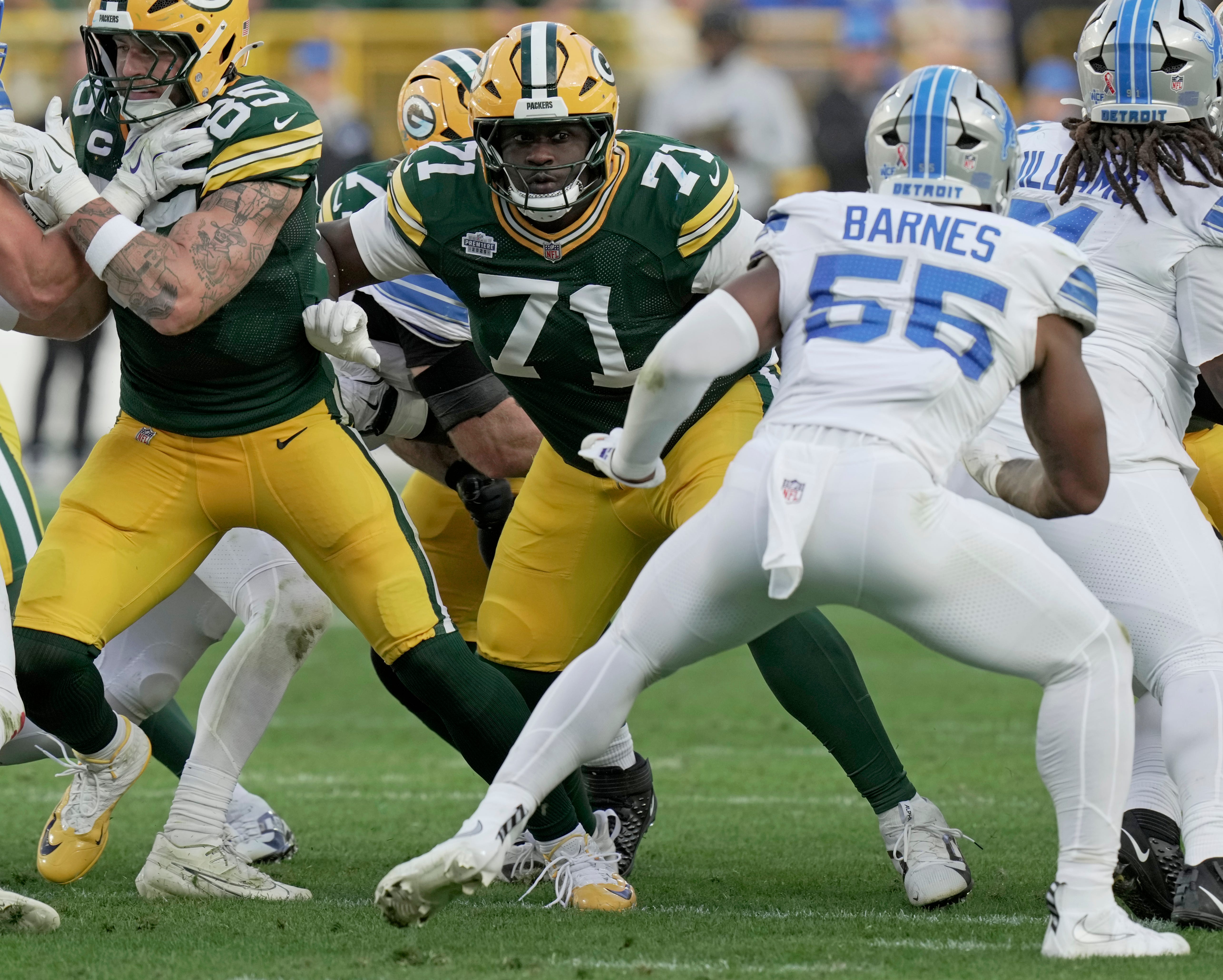 Green Bay Packers offensive tackle Anthony Belton (71) is shown during the fourth quarter of their game Sunday, September 7, 2025 at Lambeau Field in Green Bay, Wisconsin. The Green Bay Packers beat the Detroit Lions 27-13.