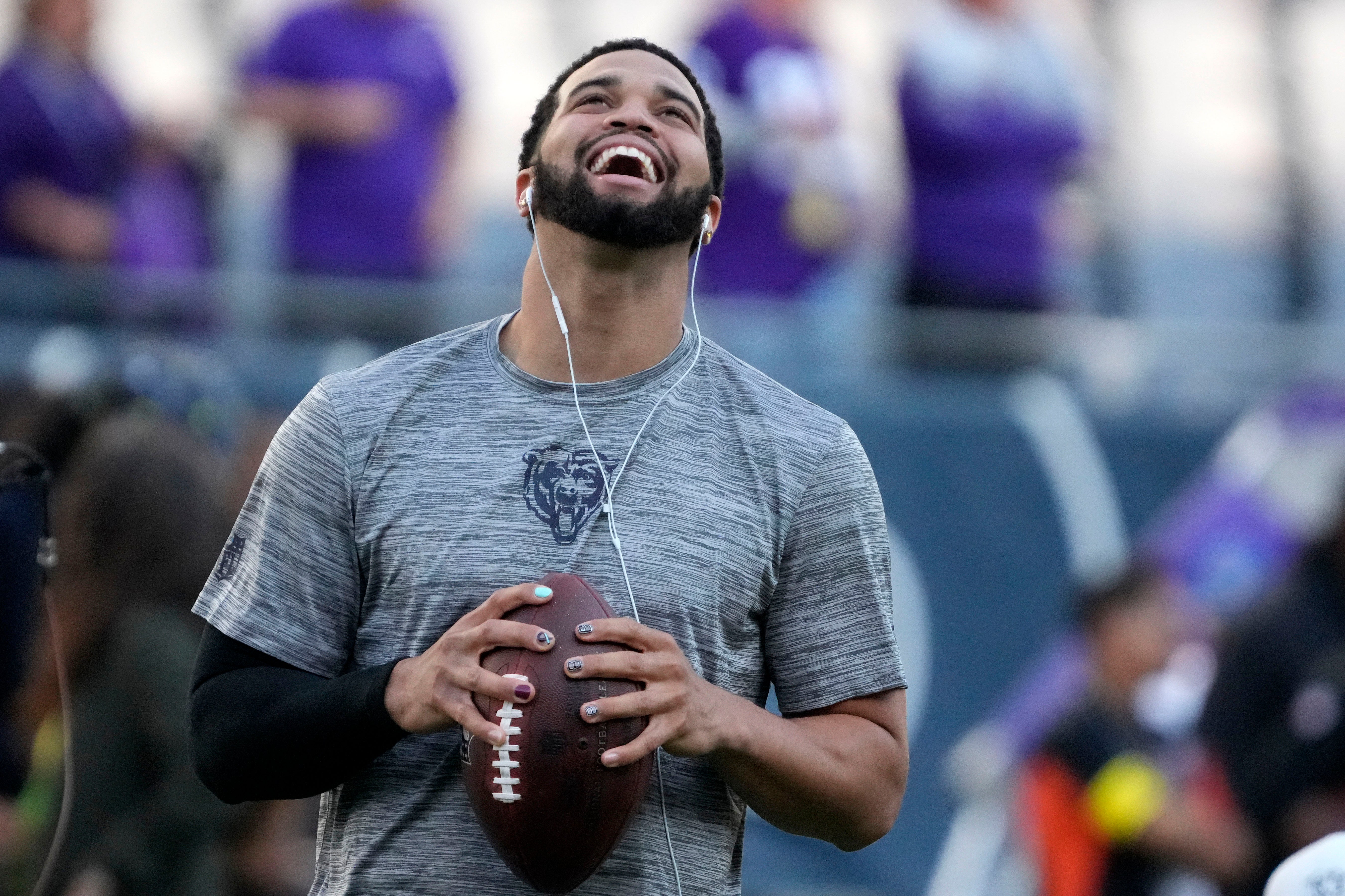Sep 8, 2025; Chicago, Illinois, USA; Chicago Bears quarterback Caleb Williams (18) practices before the game at Soldier Field.