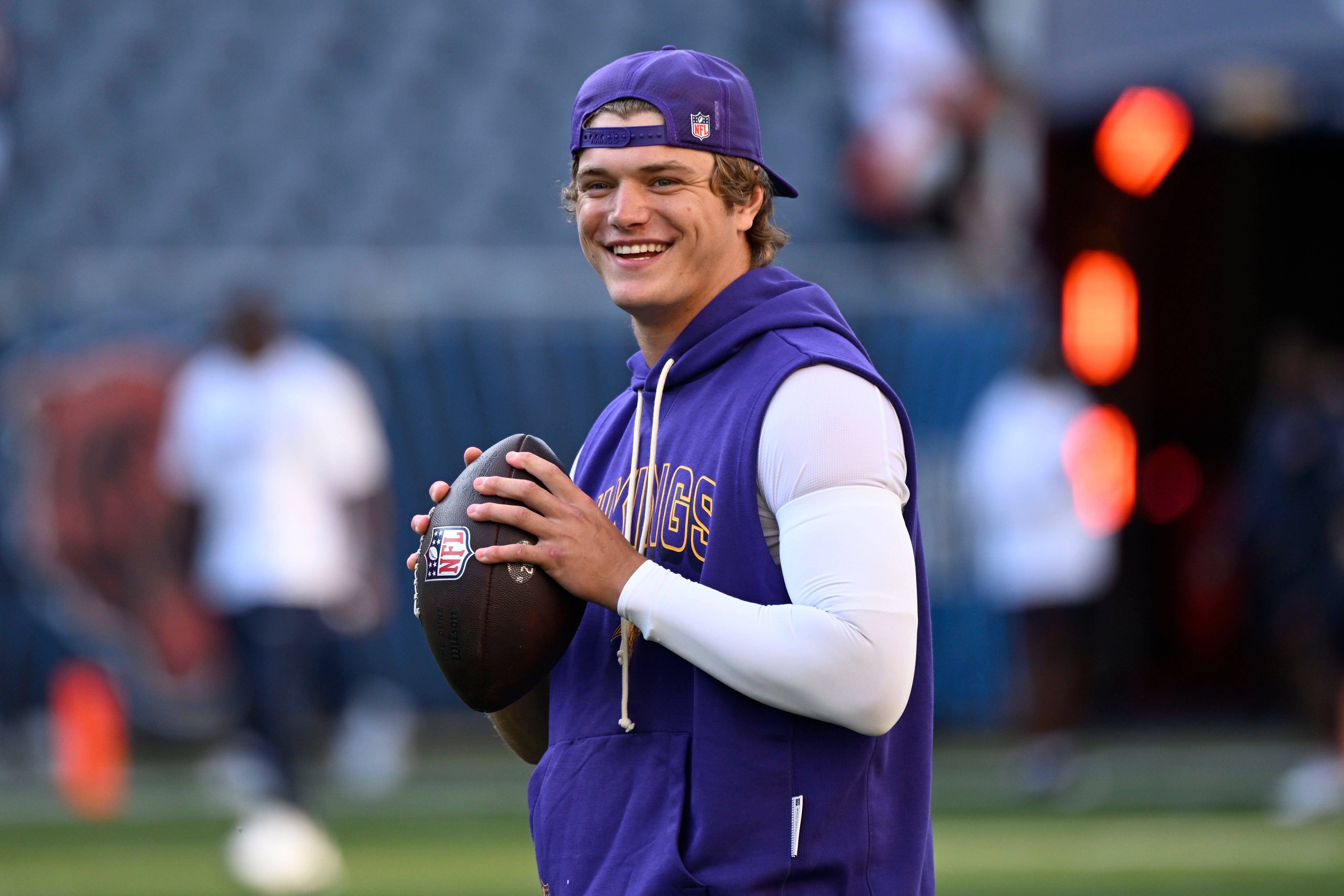 Sep 8, 2025; Chicago, Illinois, USA; Minnesota Vikings quarterback J.J. McCarthy (9) practices before the game at Soldier Field.