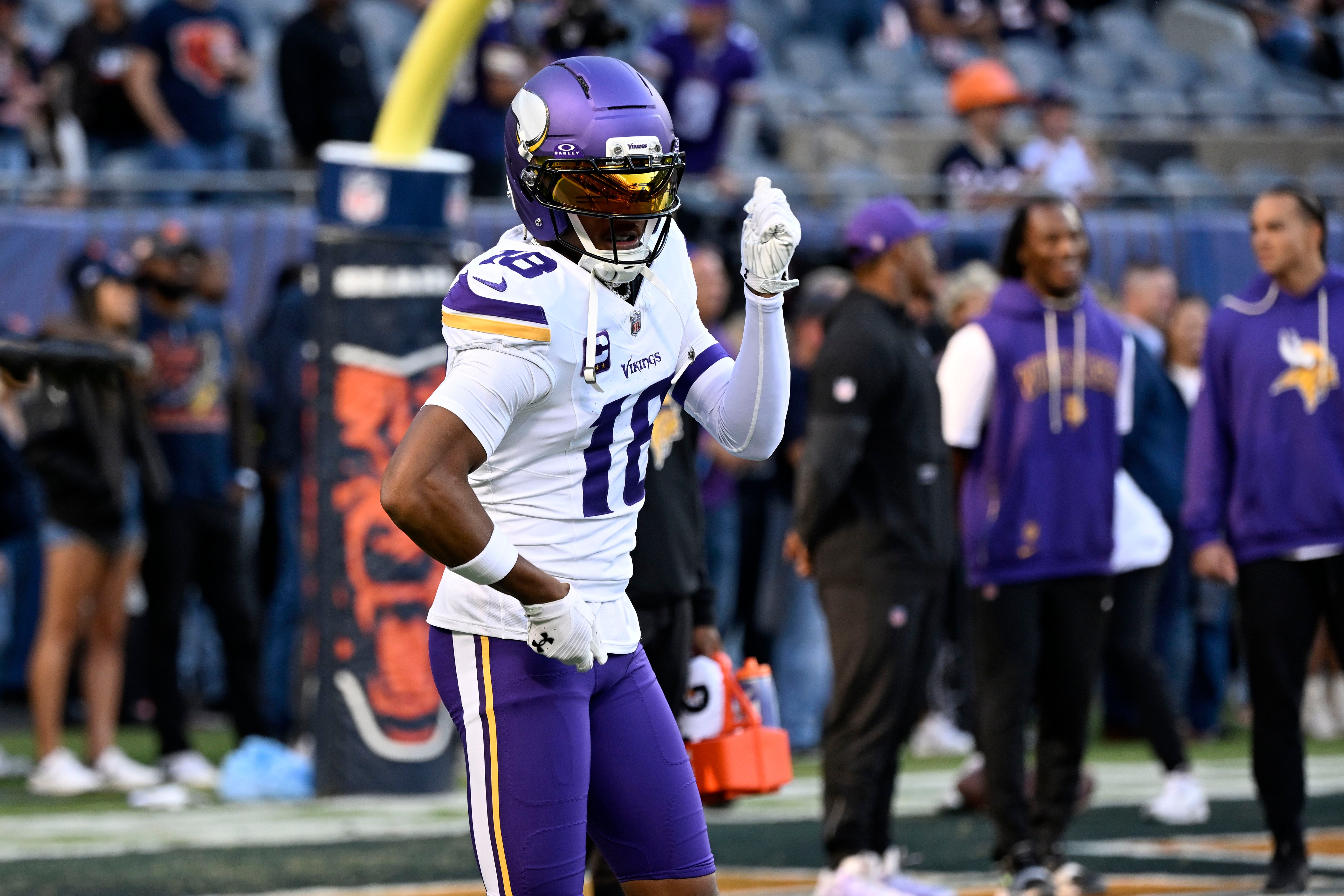 Sep 8, 2025; Chicago, Illinois, USA; Minnesota Vikings wide receiver Justin Jefferson (18) practices before the game at Soldier Field.