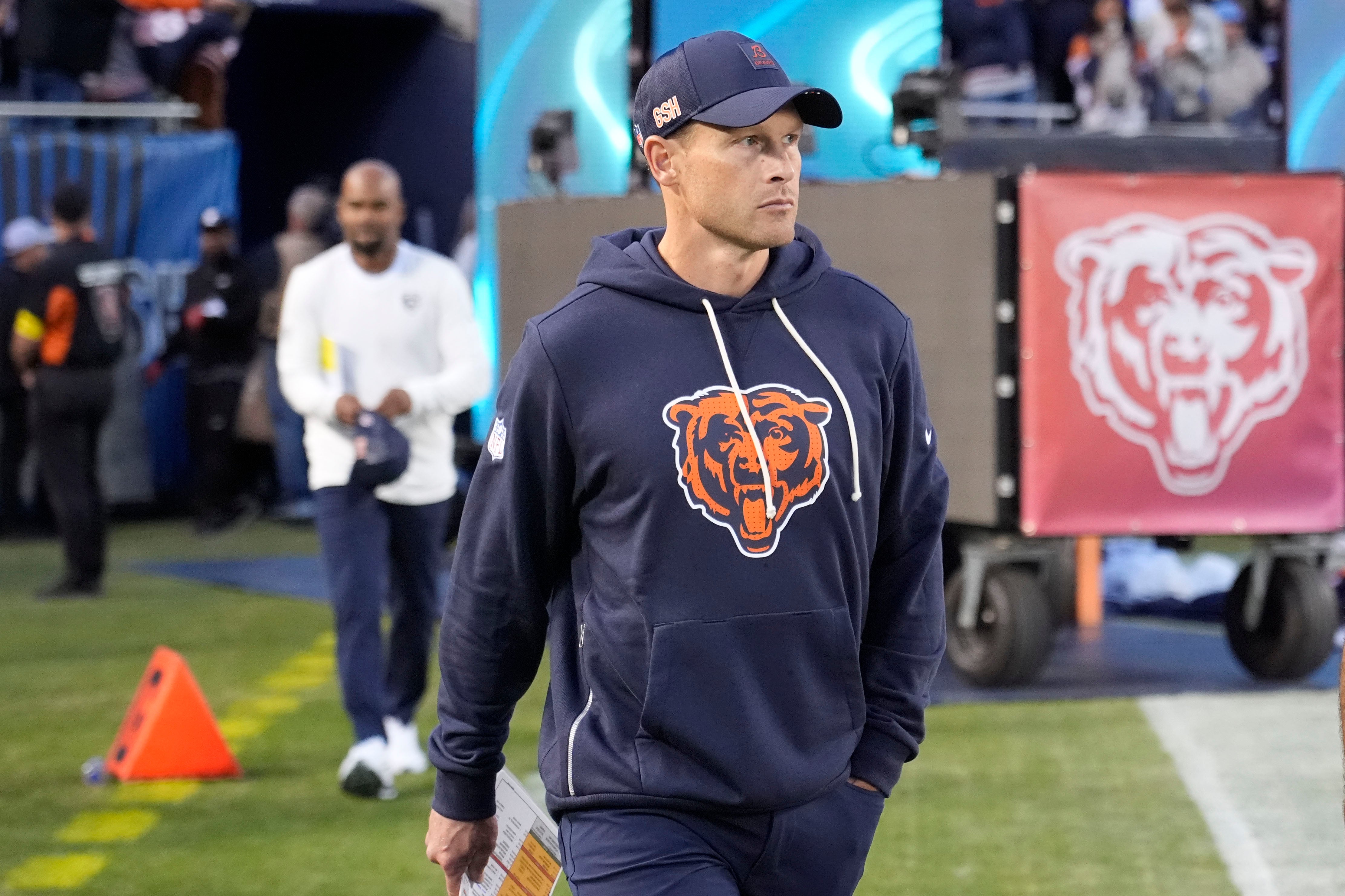 Sep 8, 2025; Chicago, Illinois, USA; Chicago Bears head coach Ben Johnson before the game against the Minnesota Vikings at Soldier Field.