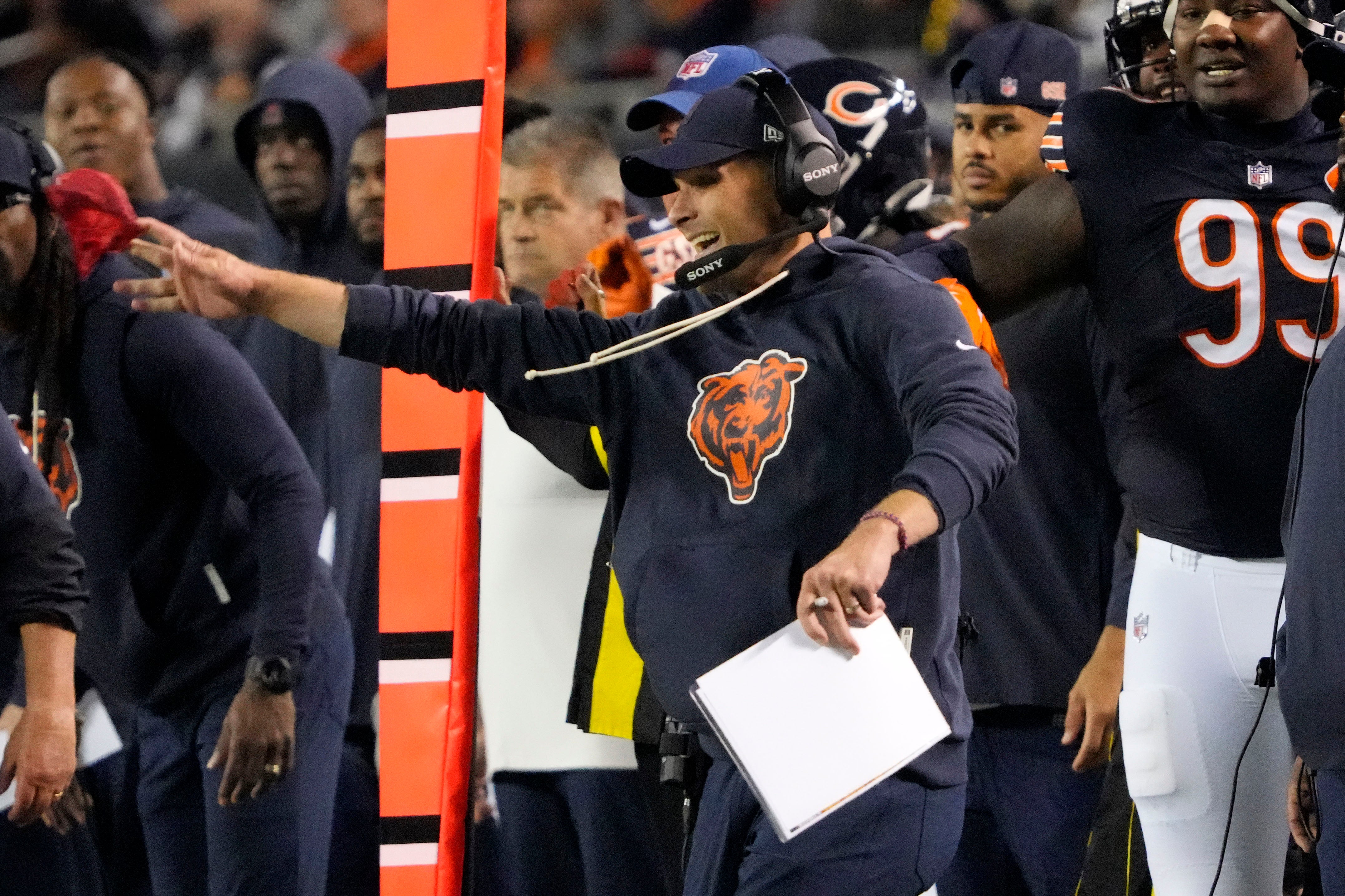 Sep 8, 2025; Chicago, Illinois, USA; Chicago Bears head coach Ben Johnson reacts during the second half at Soldier Field.
