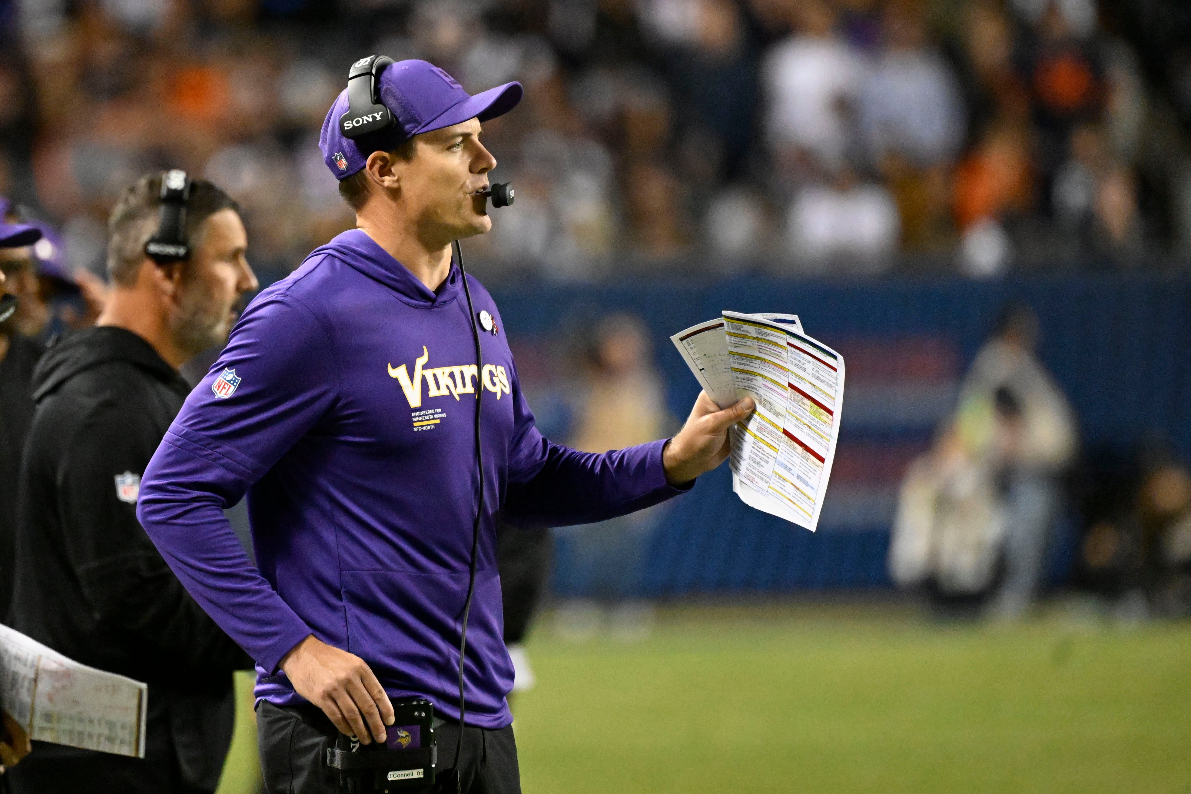 Sep 8, 2025; Chicago, Illinois, USA;Minnesota Vikings head coach Kevin O'Connell reacts during the second half at Soldier Field.