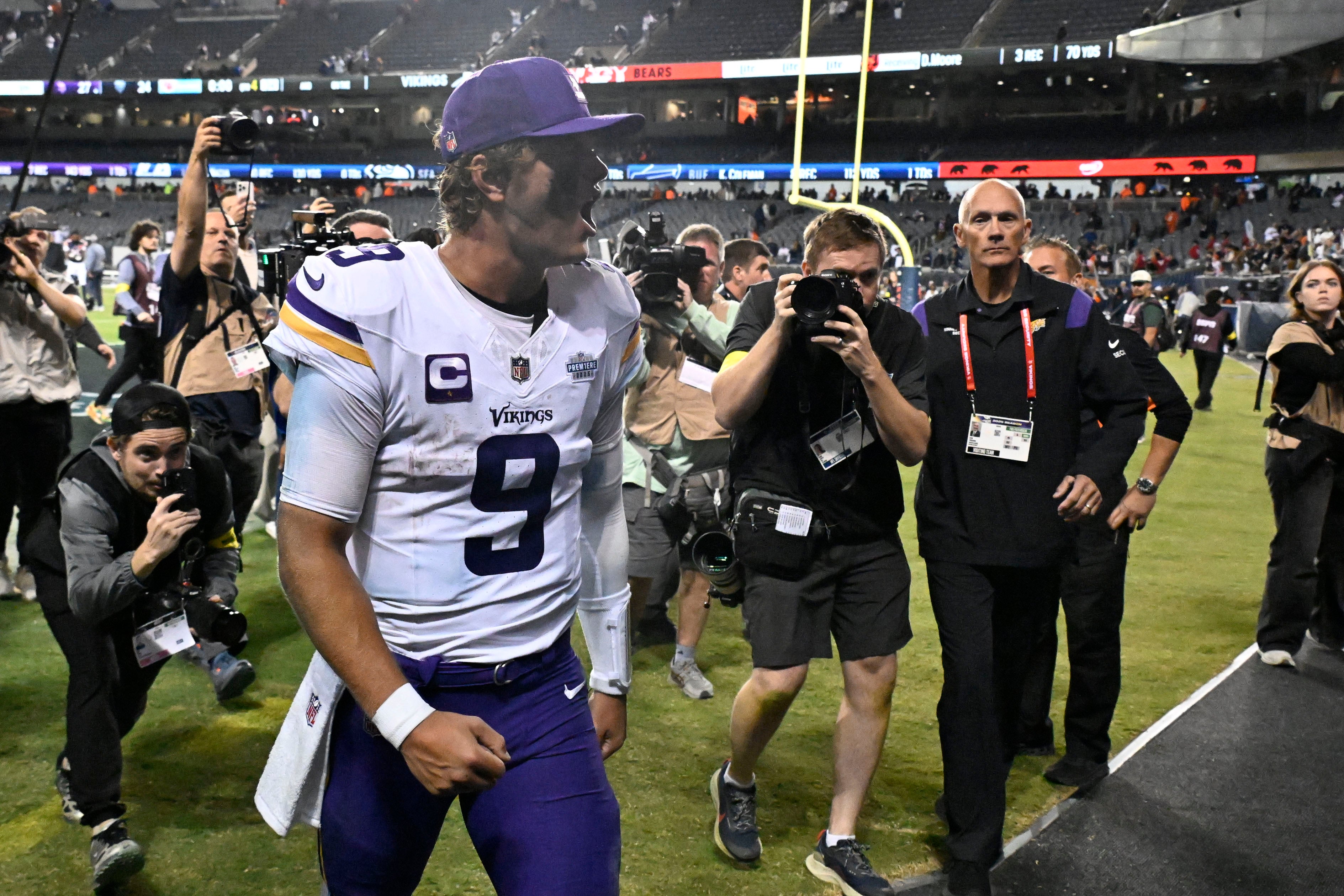 Sep 8, 2025; Chicago, Illinois, USA; Minnesota Vikings quarterback J.J. McCarthy (9) reacts after defeating the Chicago Bears at Soldier Field.