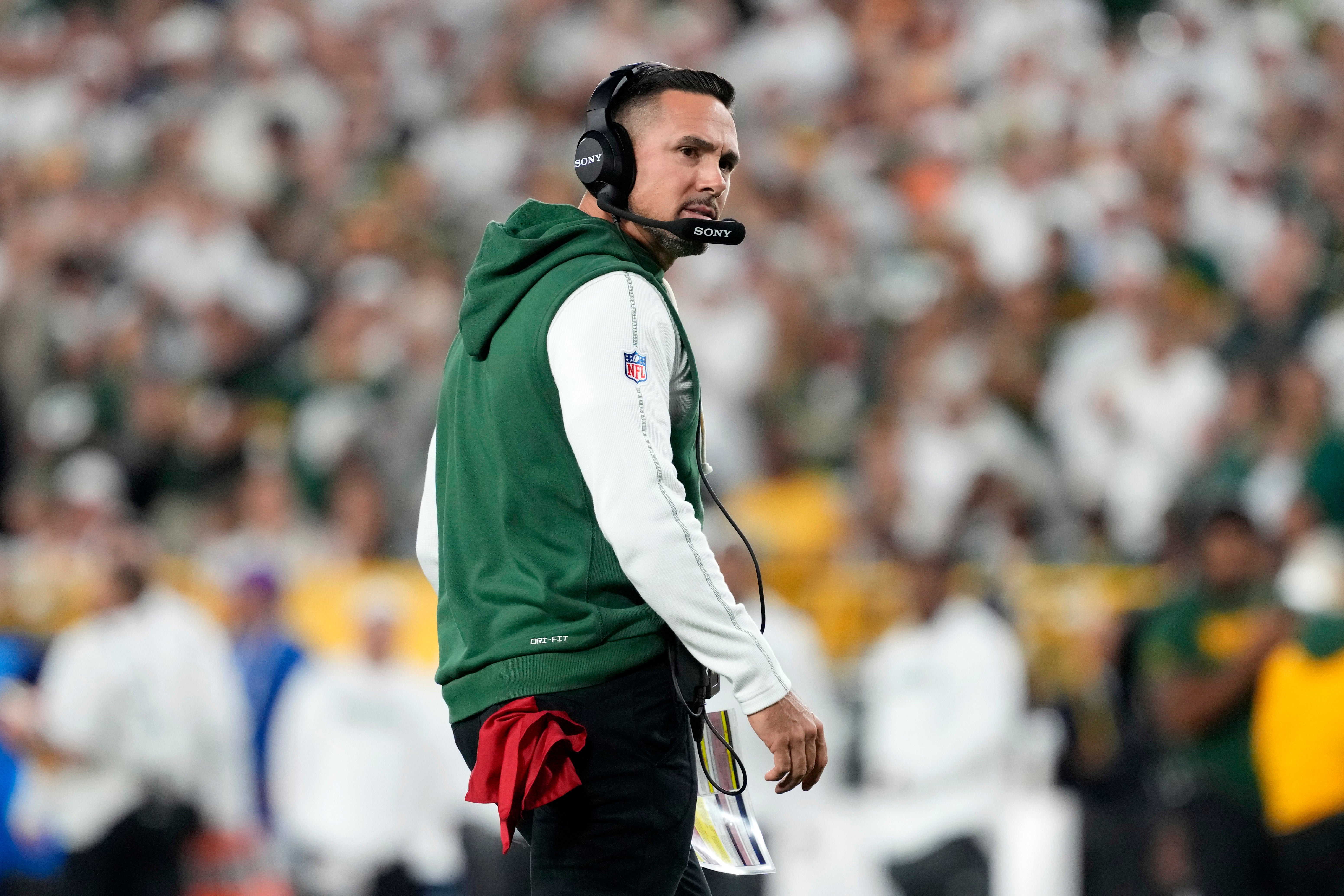 Sep 11, 2025; Green Bay, Wisconsin, USA; Green Bay Packers head coach Matt LaFleur looks on in the first quarter against the Green Bay Packers at Lambeau Field.