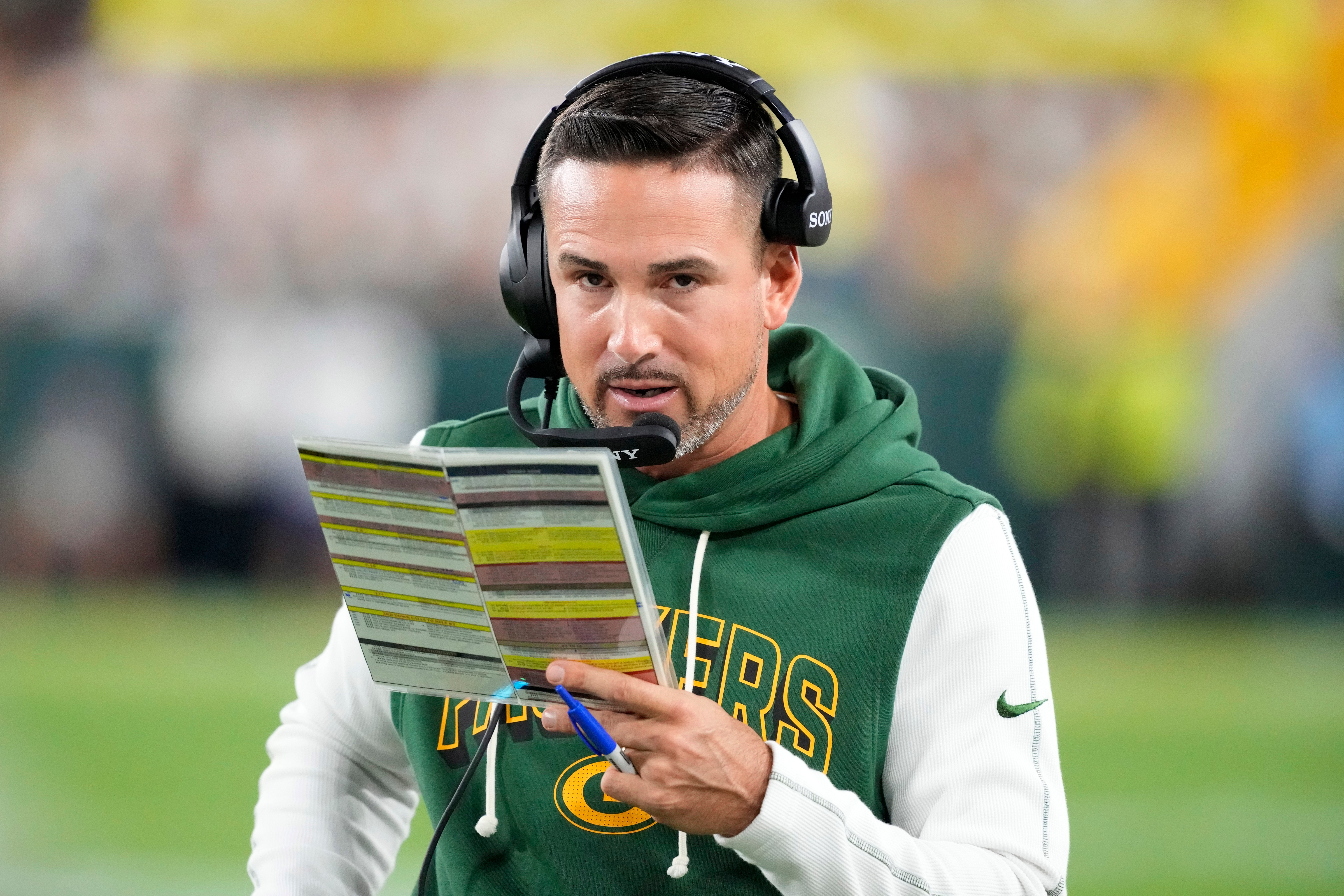 Sep 11, 2025; Green Bay, Wisconsin, USA; Green Bay Packers head coach Matt LaFleur looks on in the first quarter against the Washington Commanders at Lambeau Field.