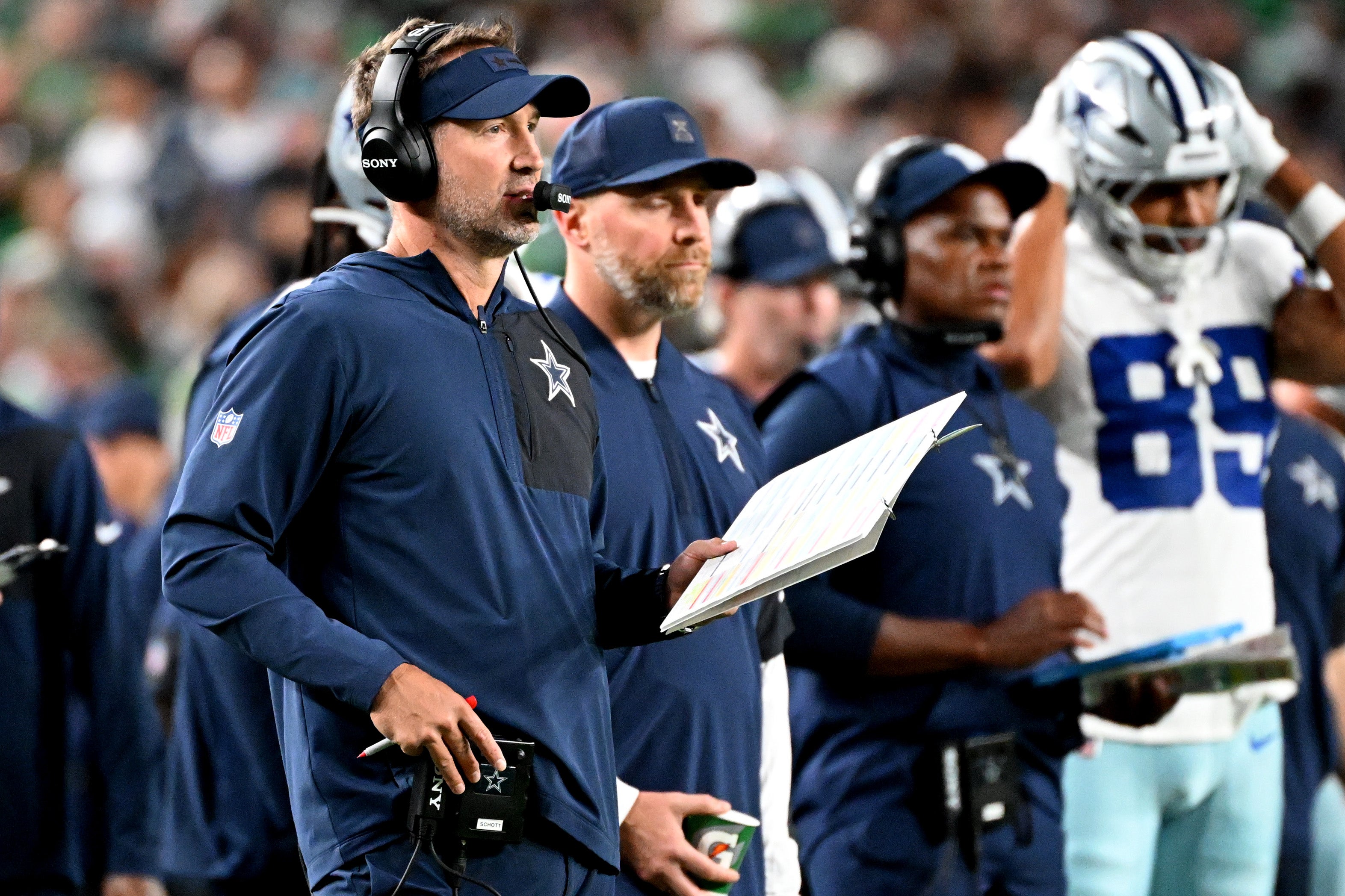Sep 4, 2025; Philadelphia, Pennsylvania, USA; Dallas Cowboys head coach Brian Schottenheimer against the Philadelphia Eagles at Lincoln Financial Field.