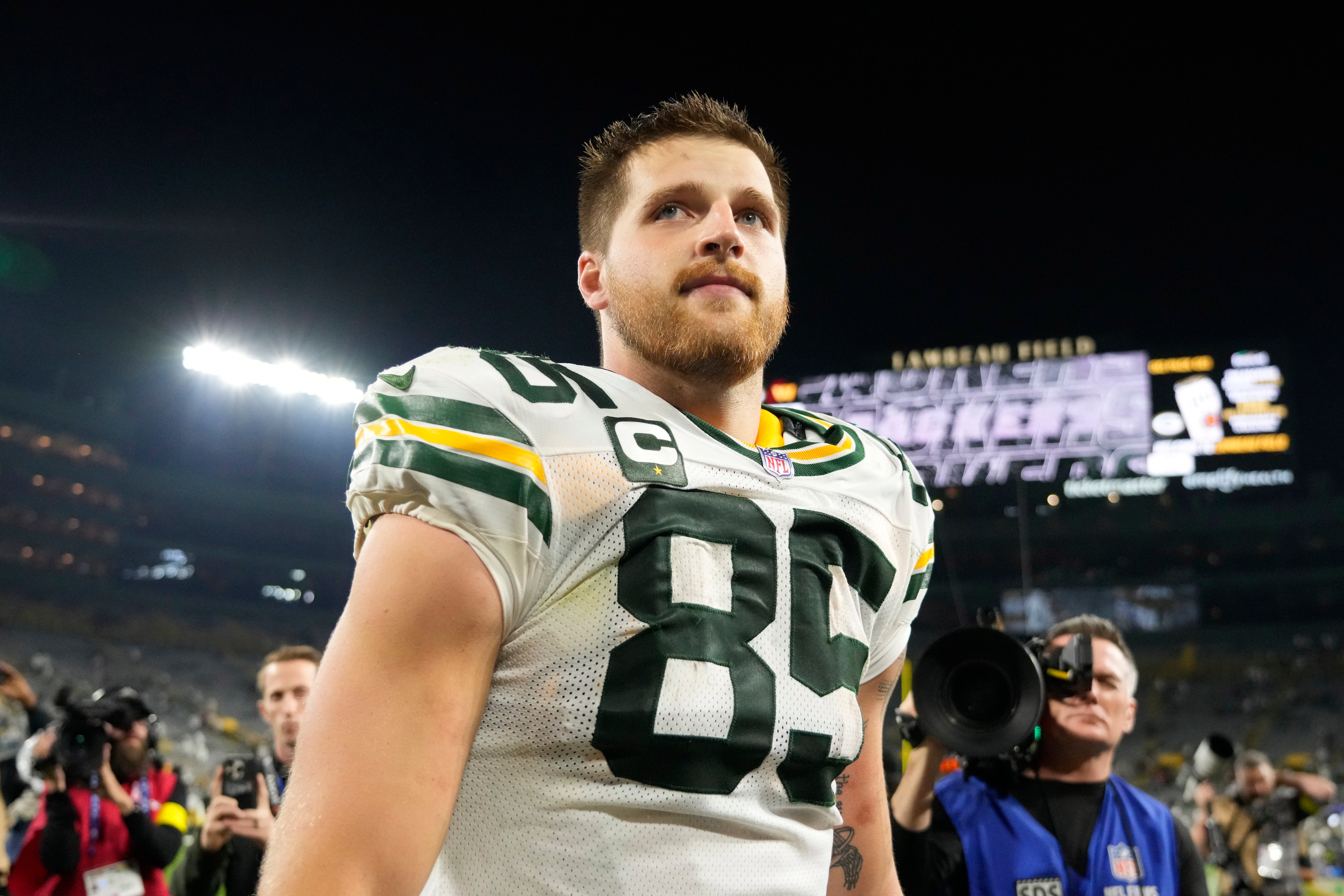 Sep 11, 2025; Green Bay, Wisconsin, USA; Green Bay Packers tight end Tucker Kraft (85) looks on after the game against the Washington Commanders at Lambeau Field.