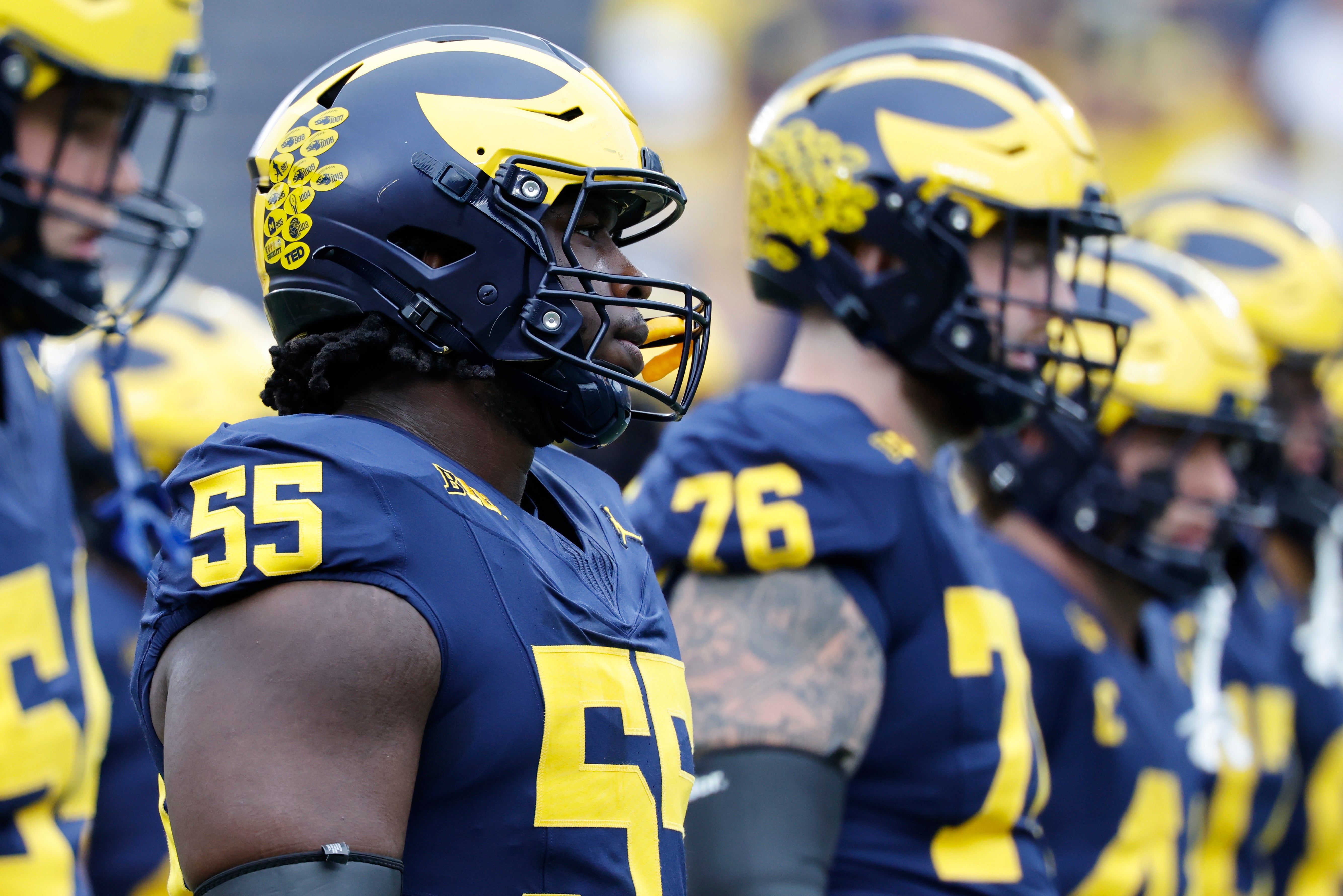 Sep 13, 2025; Ann Arbor, Michigan, USA; Michigan Wolverines offensive lineman Nathan Efobi (55) during warm ups before the game against the Central Michigan Chippewas at Michigan Stadium.
