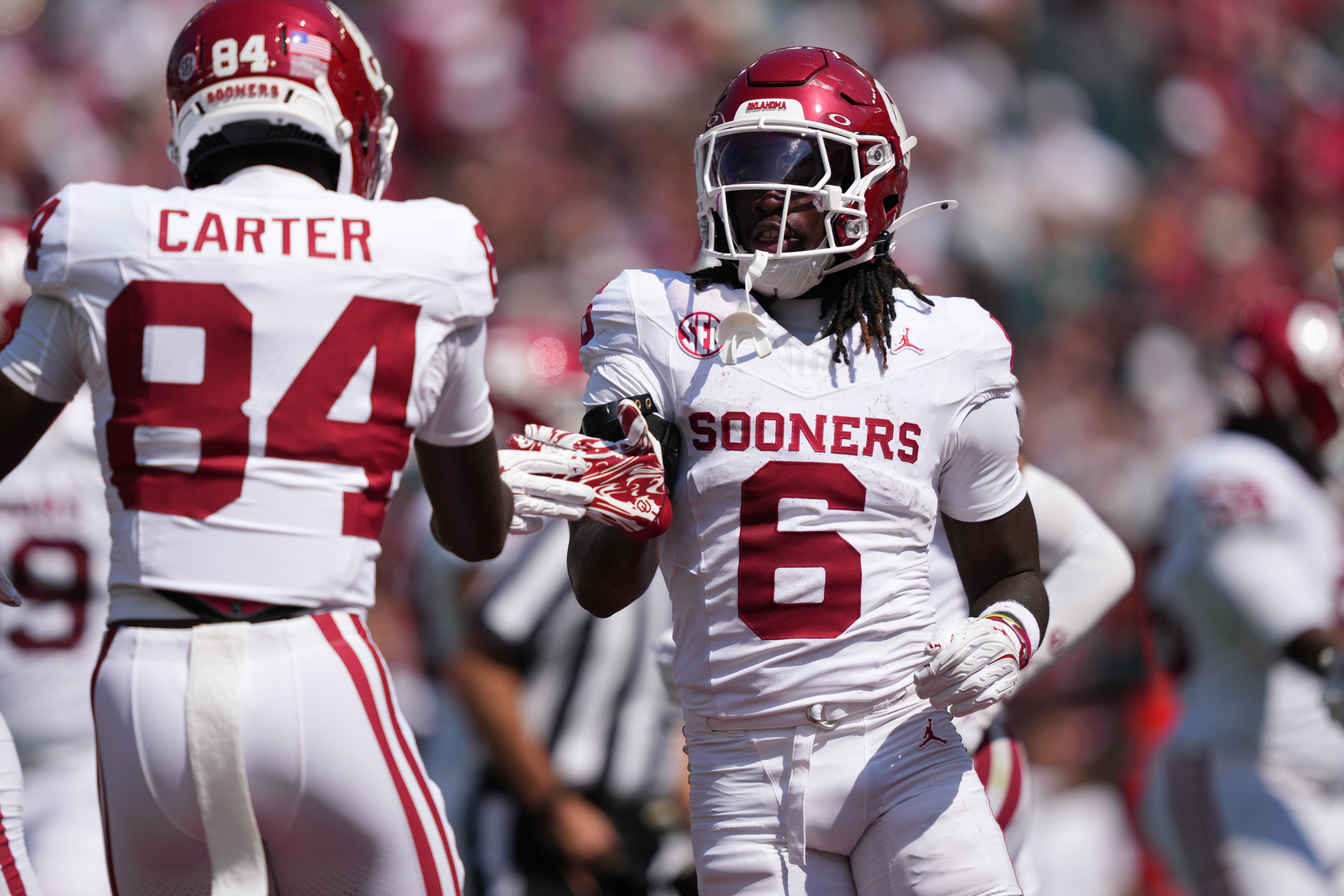 Sep 13, 2025; Philadelphia, Pennsylvania, USA; Oklahoma Sooners running back Tory Blaylock (6) reacts after scoring a touchdown against the Temple Owls in the first half at Lincoln Financial Field.