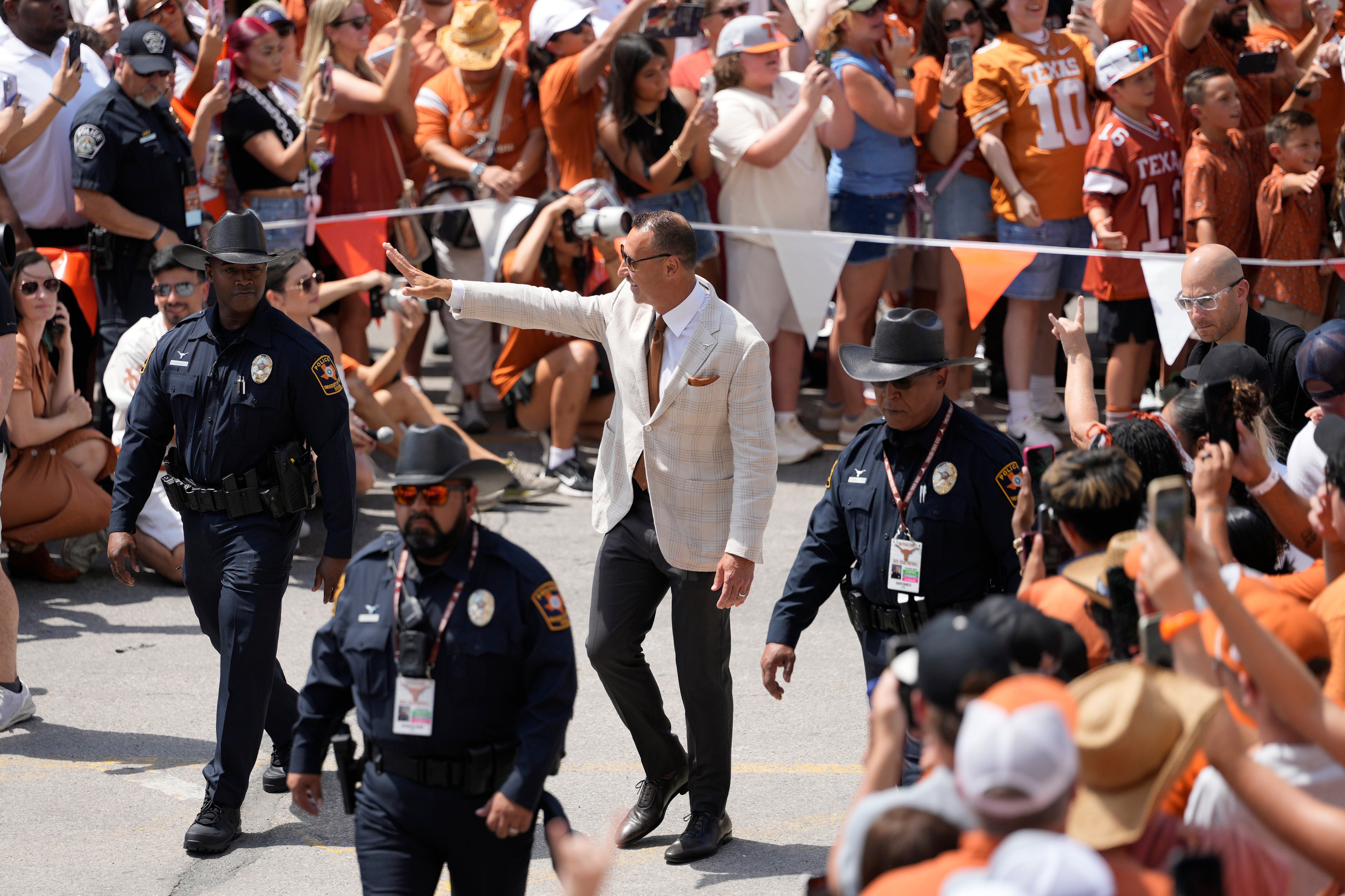 Sep 13, 2025; Austin, Texas, USA; Texas Longhorns head coach Steve Sarkisian enters Darrell K Royal-Texas Memorial Stadium before a game against the Texas El Paso Miners.