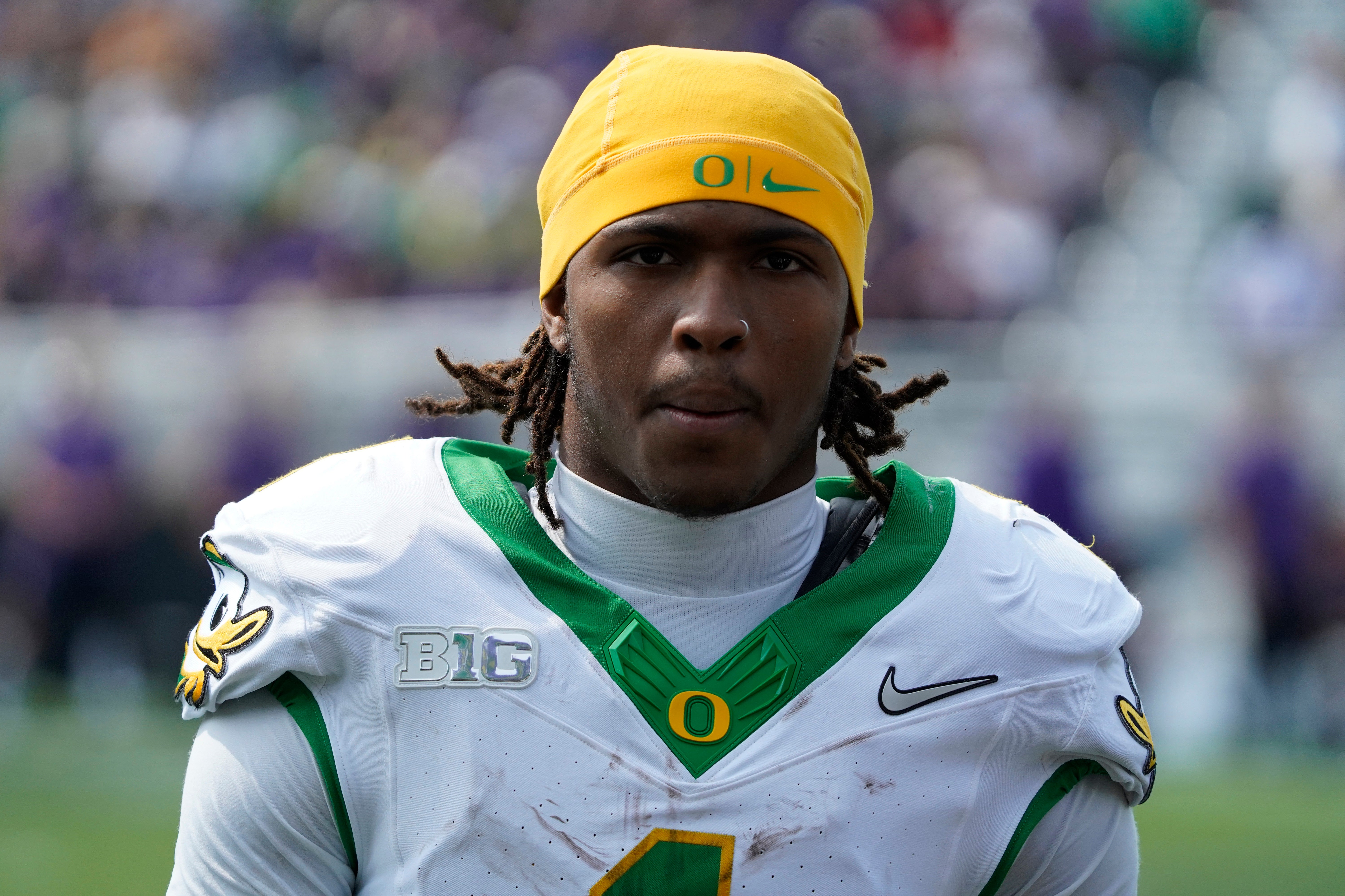 Sep 13, 2025; Evanston, Illinois, USA; Headshot of Oregon Ducks wide receiver Dakorien Moore (1) against the Northwestern Wildcats during the second half at Northwestern Medicine Field at Martin Stadium. Mandatory Credit: David Banks-Imagn Images