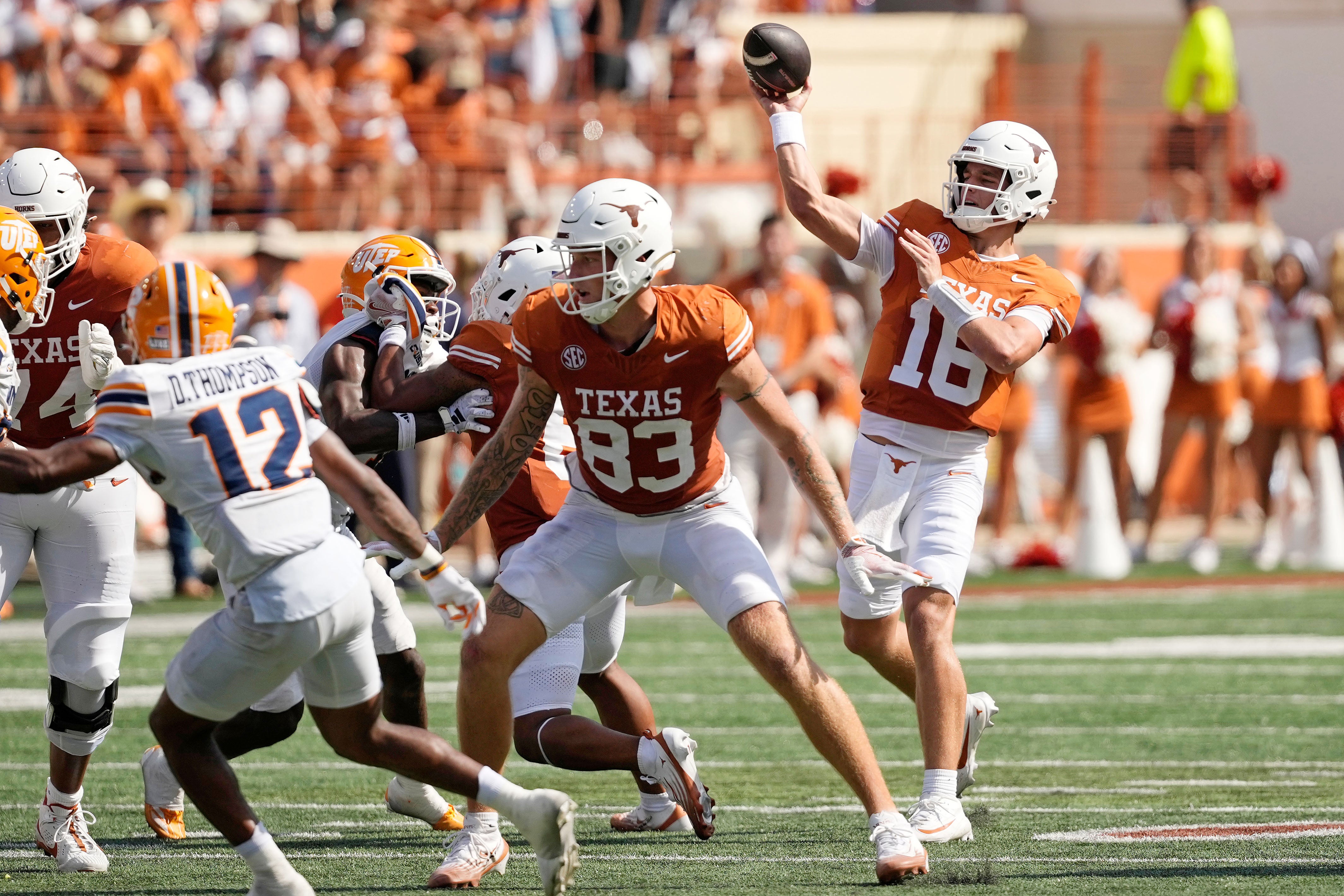 Sep 13, 2025; Austin, Texas, USA; Texas Longhorns quarterback Arch Manning (16) passes the ball during the first half against the Texas El Paso Miners at Darrell K Royal-Texas Memorial Stadium.