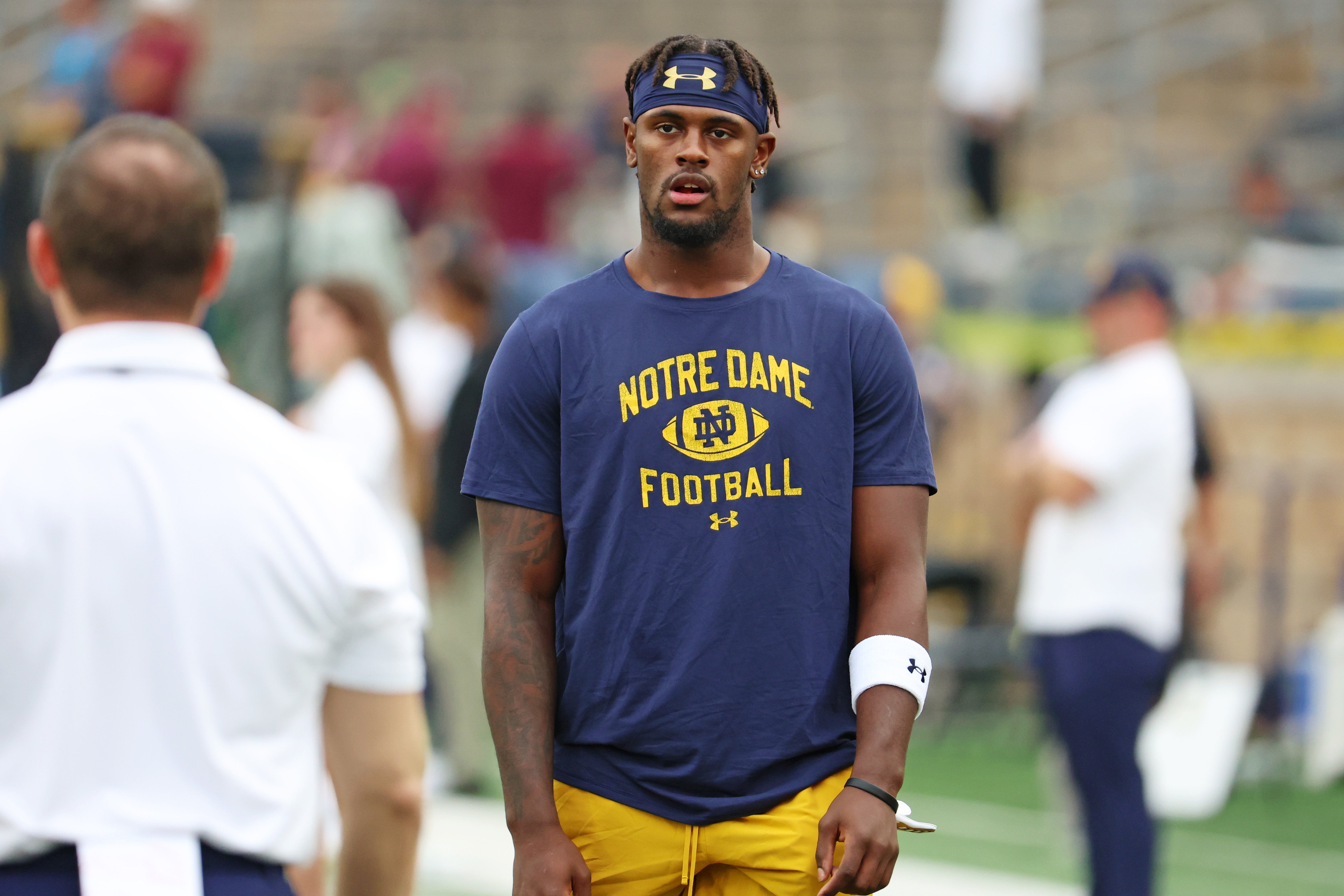 Sep 13, 2025; South Bend, Indiana, USA; Notre Dame Fighting Irish wide receiver Malachi Fields (0) warms up before the game against the Texas A&M Aggies at Notre Dame Stadium. Mandatory Credit: Trevor Ruszkowski-Imagn Images