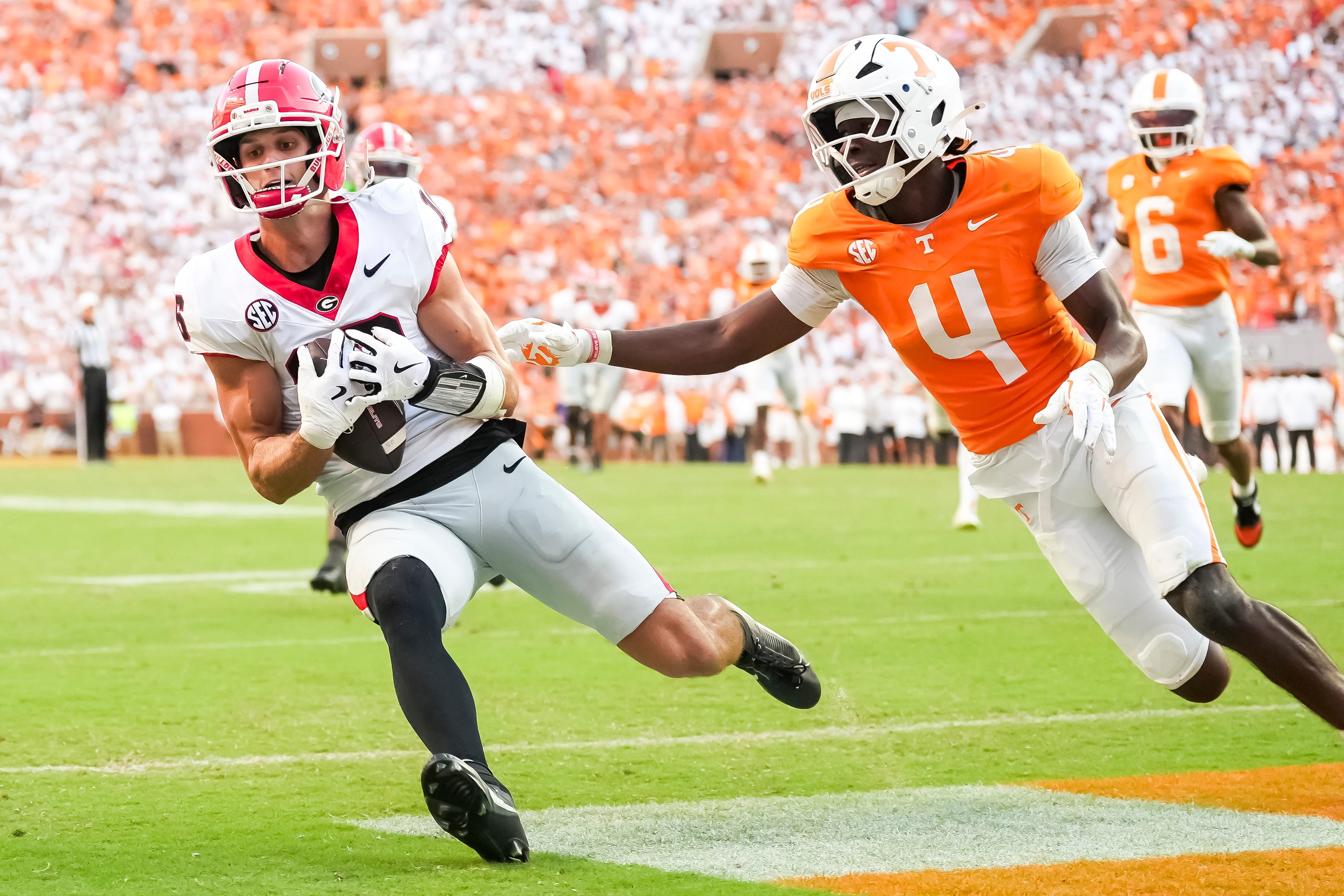 Georgia wide receiver London Humphreys (16) brings in the catch for a game-tying touchdown in the final minutes of a college football game between Tennessee and Georgia at Neyland Stadium in Knoxville.