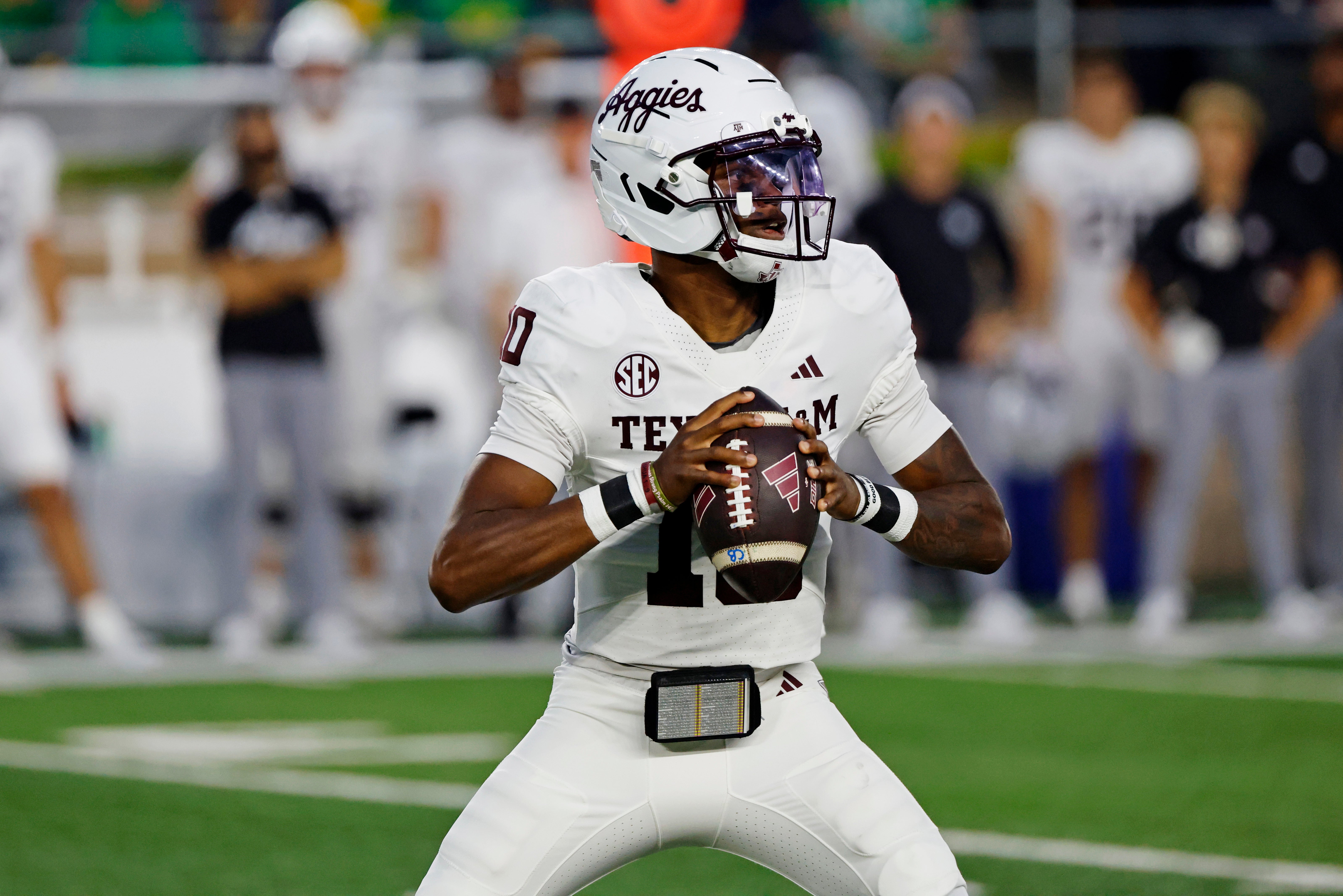Sep 13, 2025; South Bend, Indiana, USA; Texas A&M Aggies quarterback Marcel Reed (10) looks to make a pass during the first half against the Notre Dame Fighting Irish at Notre Dame Stadium.