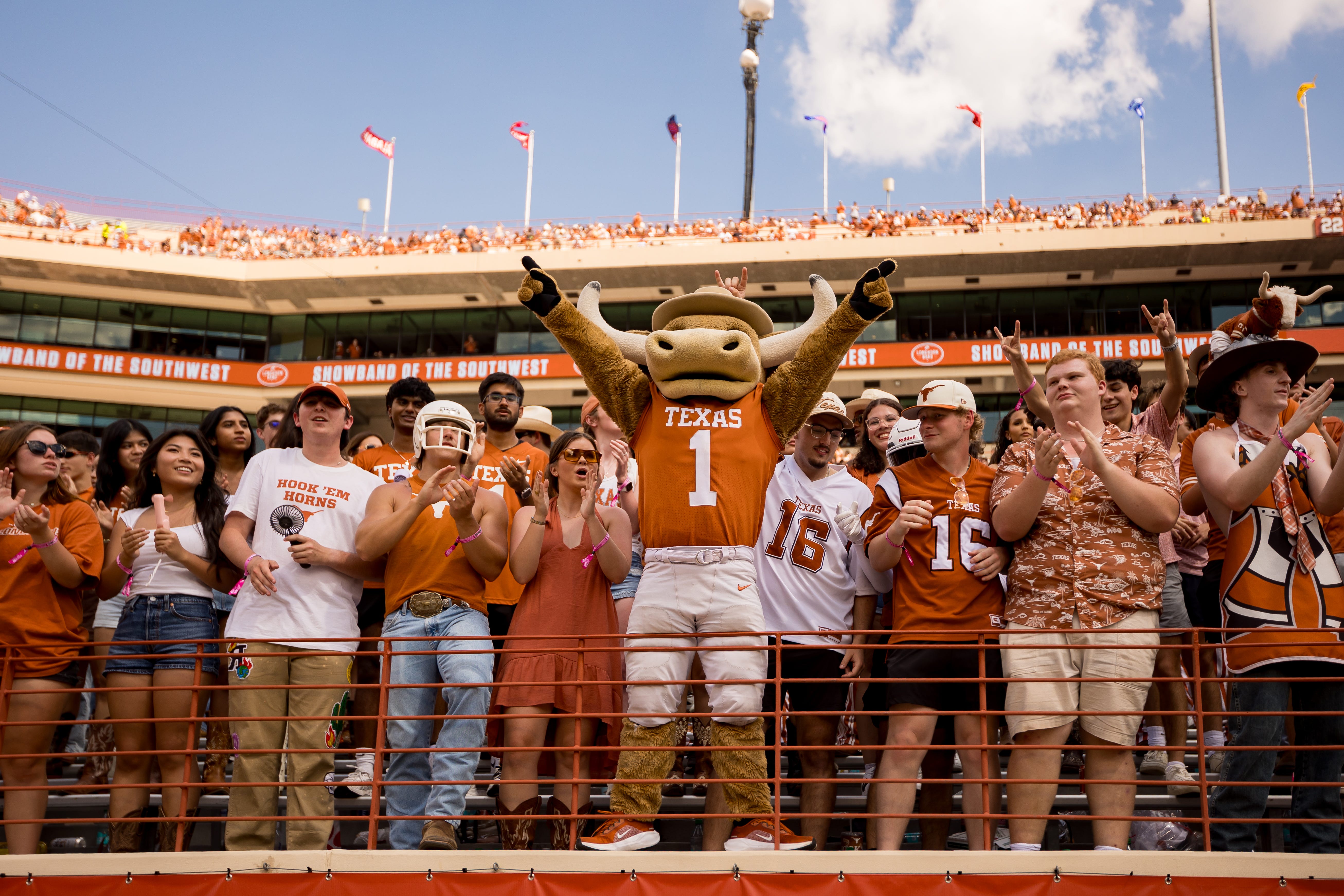 Hook ’Em, the Texas mascot, cheers with the students section before a football game against UTEP at Darrell K Royal–Texas Memorial Stadium in Austin, Texas, on Saturday, Sept. 13, 2025.