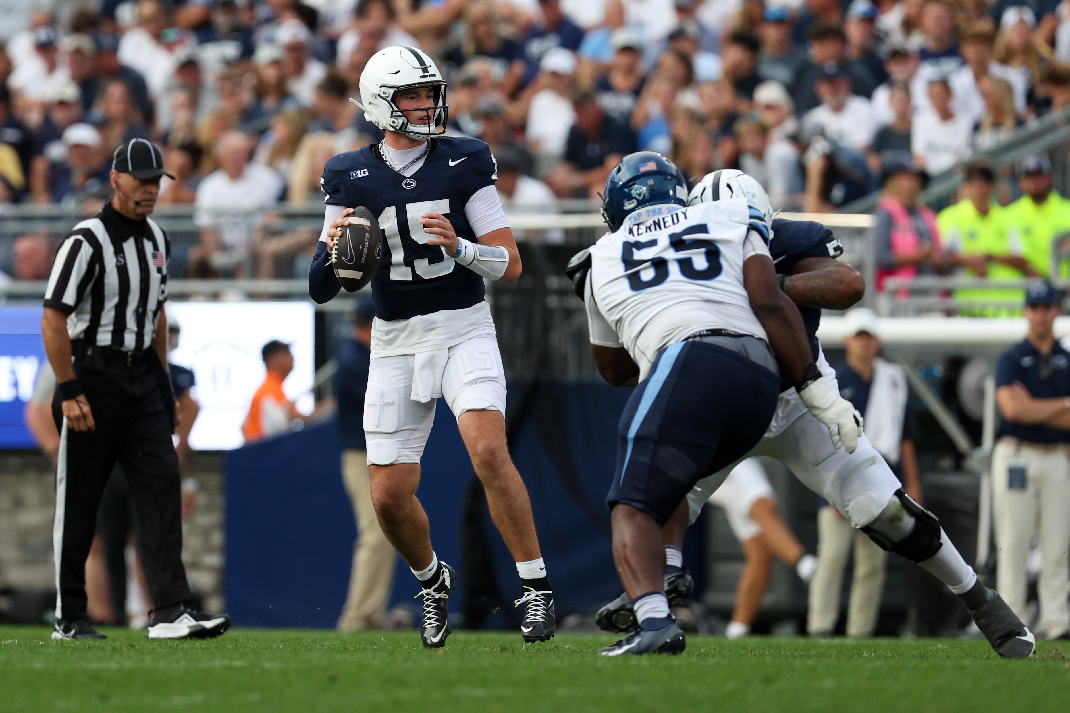 Sep 13, 2025; University Park, Pennsylvania, USA; Penn State Nittany Lions quarterback Drew Allar (15) looks to throw a pass during the third quarter against the Villanova Wildcats at Beaver Stadium.