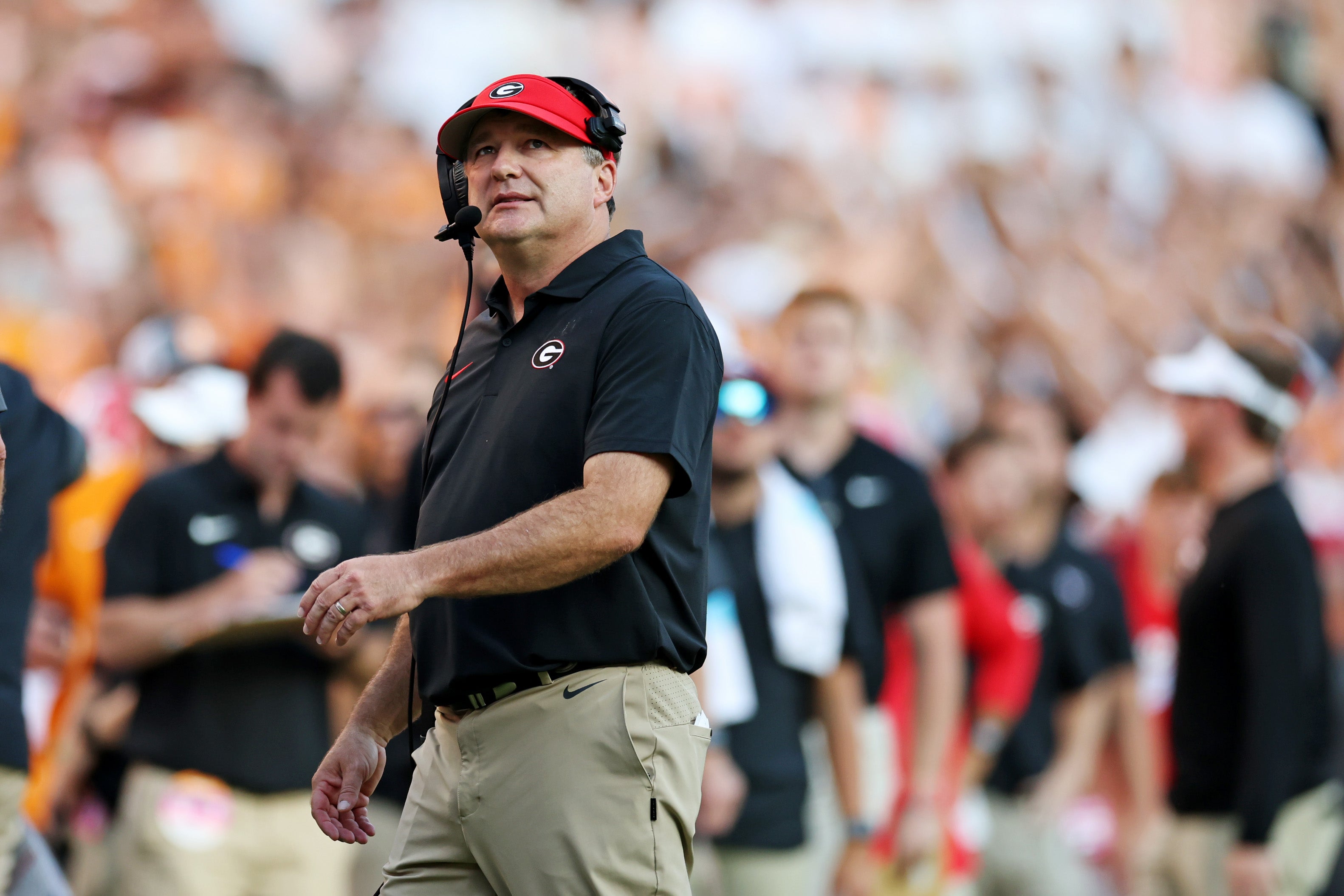 Georgia Bulldogs head coach Kirby Smart looks on during overtime against the Tennessee Volunteers at Neyland Stadium.