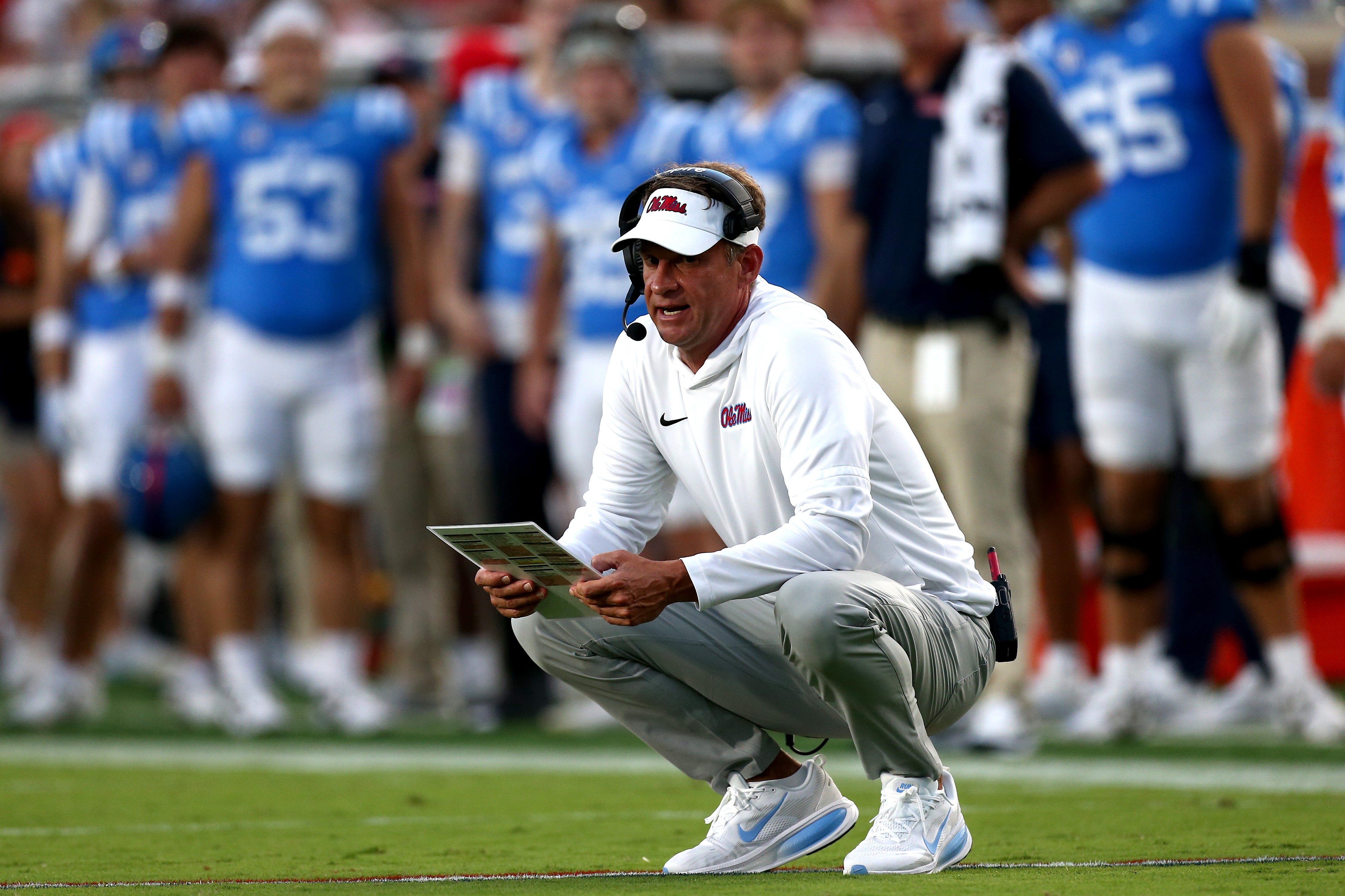 Sep 13, 2025; Oxford, Mississippi, USA; Mississippi Rebels head coach Lane Kiffin looks on during the second quarter against the Arkansas Razorback at Vaught-Hemingway Stadium.